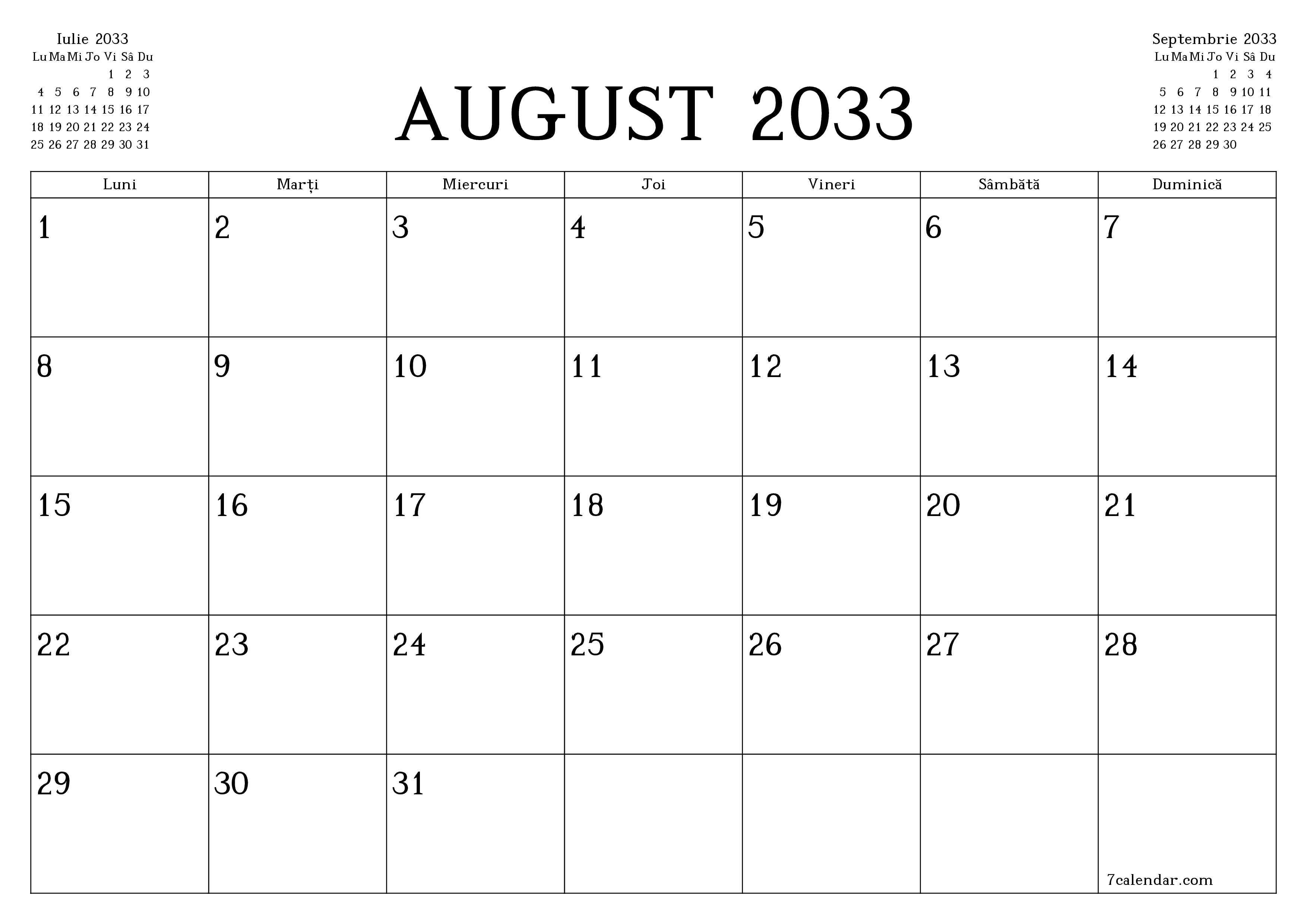 Planificator lunar gol pentru luna August 2033 cu note, salvați și tipăriți în PDF PNG Romanian