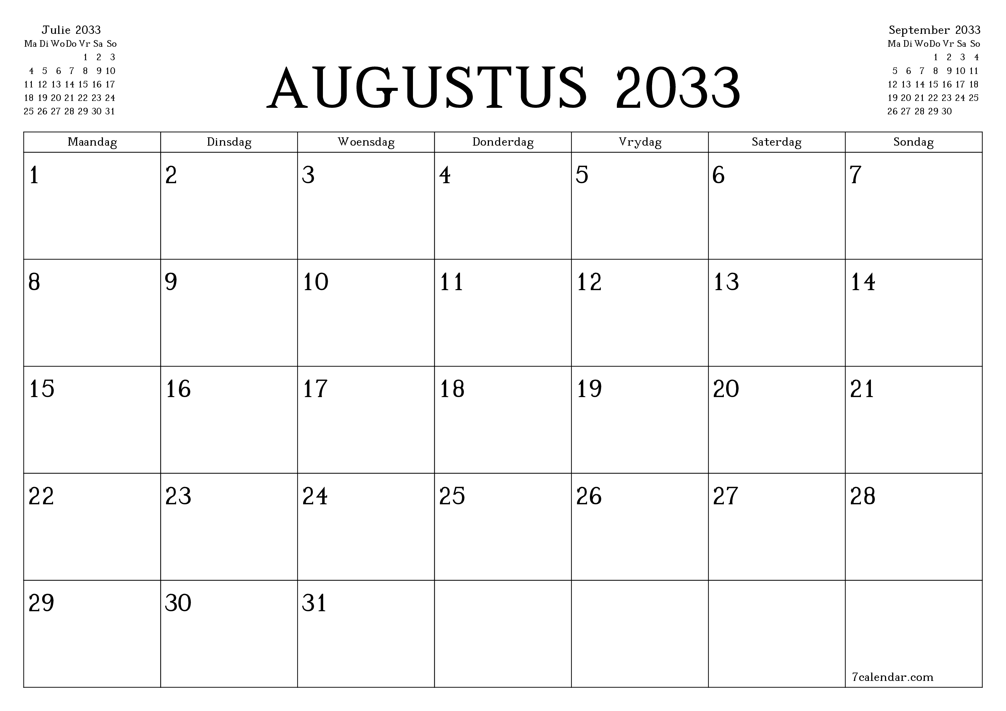 Leë maandelikse drukbare kalender en beplanner vir maand Augustus 2033 met notas stoor en druk na PDF PNG Afrikaans