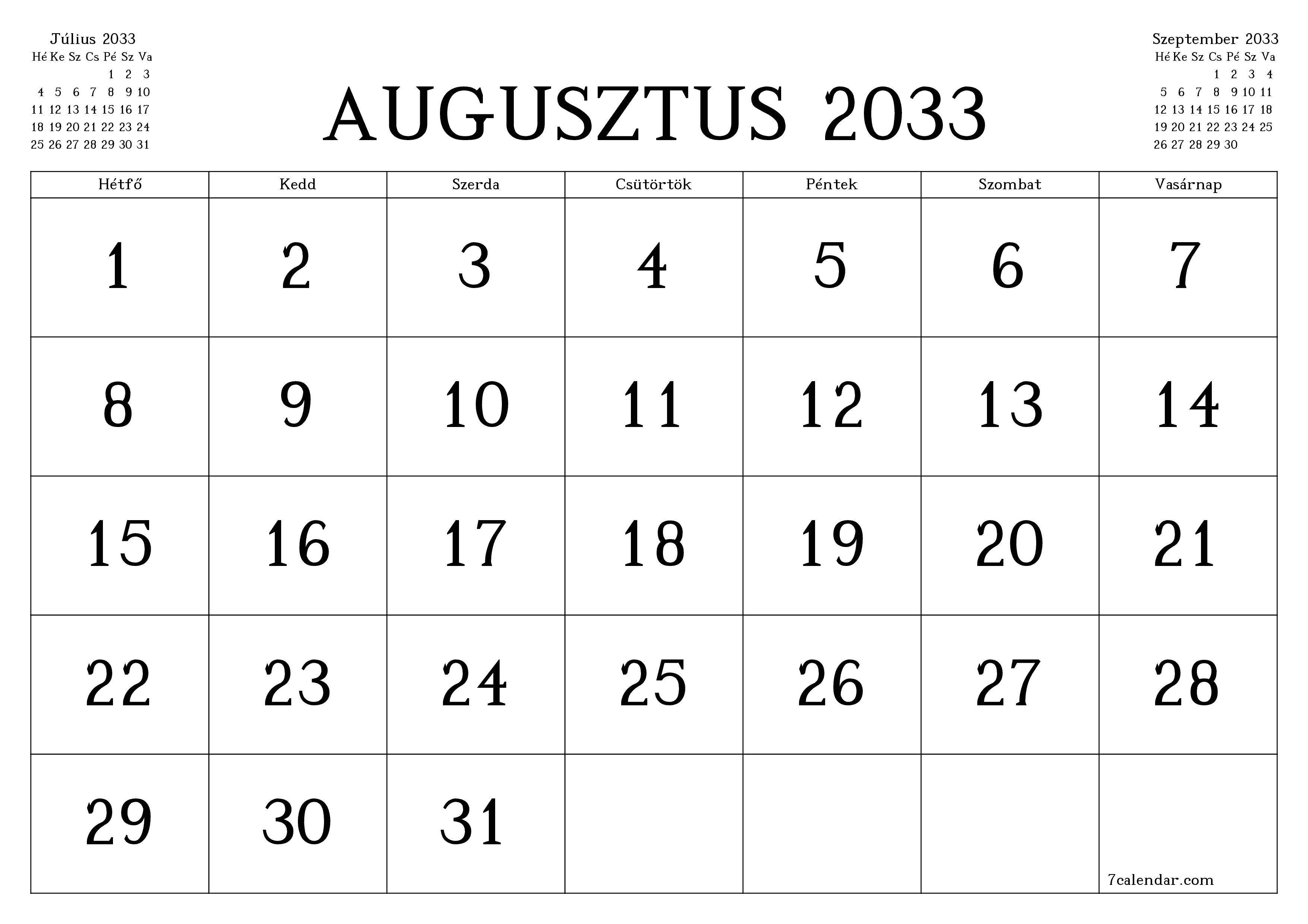 Üres havi tervező a Augusztus 2033 hónapra jegyzetekkel, mentés és nyomtatás PDF-be PNG Hungarian