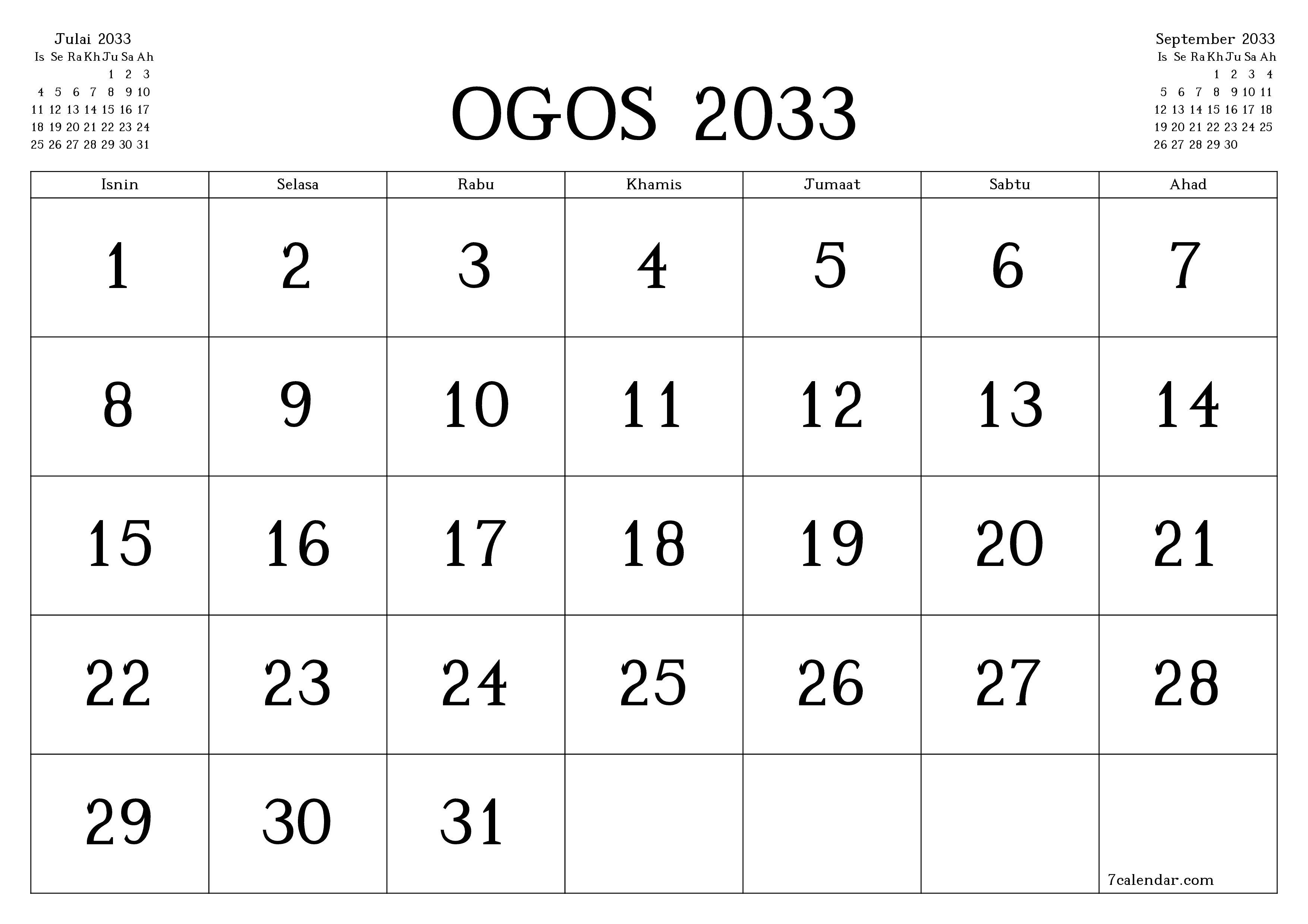Perancang bulanan kosong untuk bulan Ogos 2033 dengan nota, simpan dan cetak ke PDF PNG Malay
