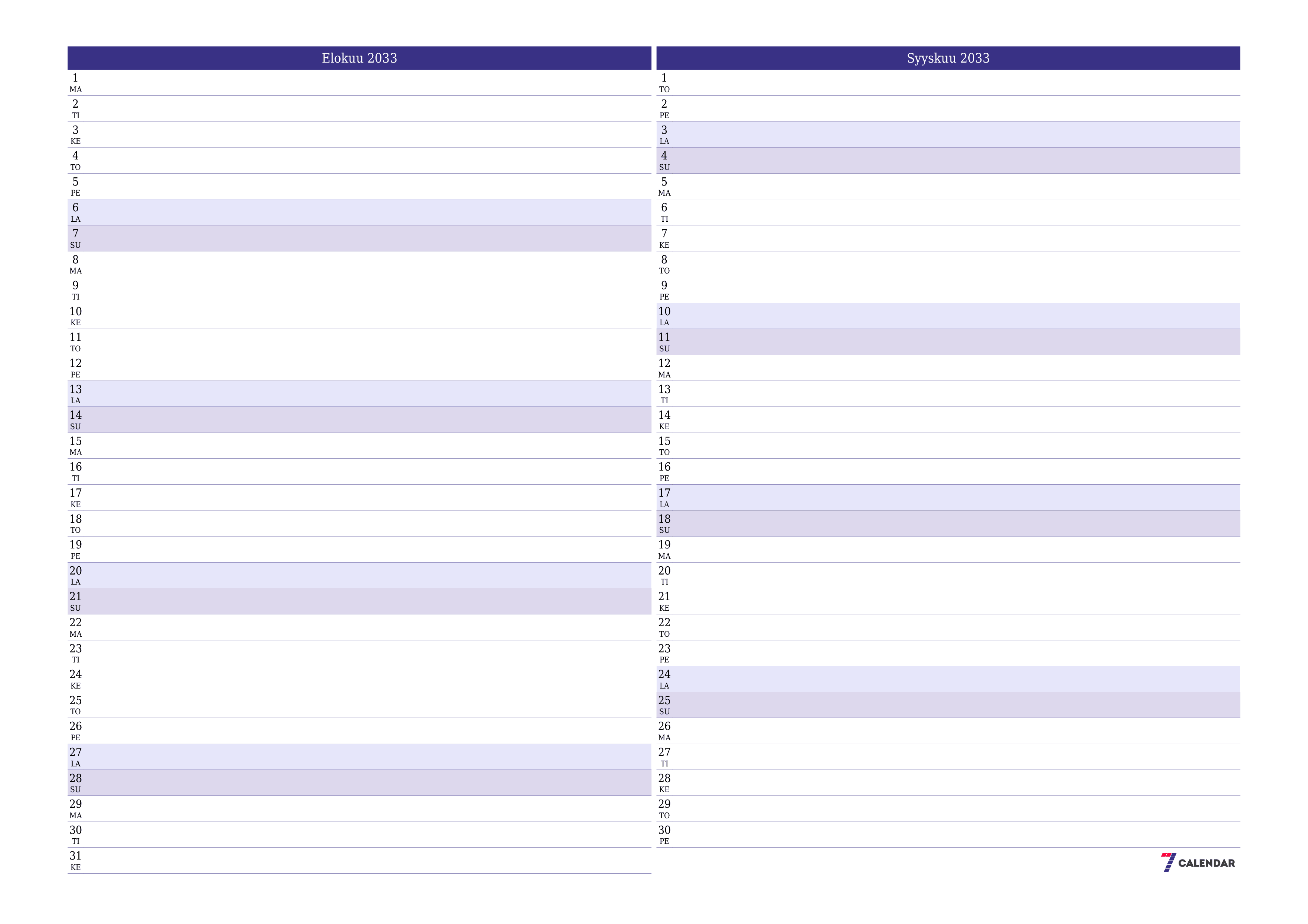 Tyhjennä kuukausittainen suunnittelija kuukaudelle Elokuu 2033 muistiinpanoilla, tallenna ja tulosta PDF-muotoon PNG Finnish