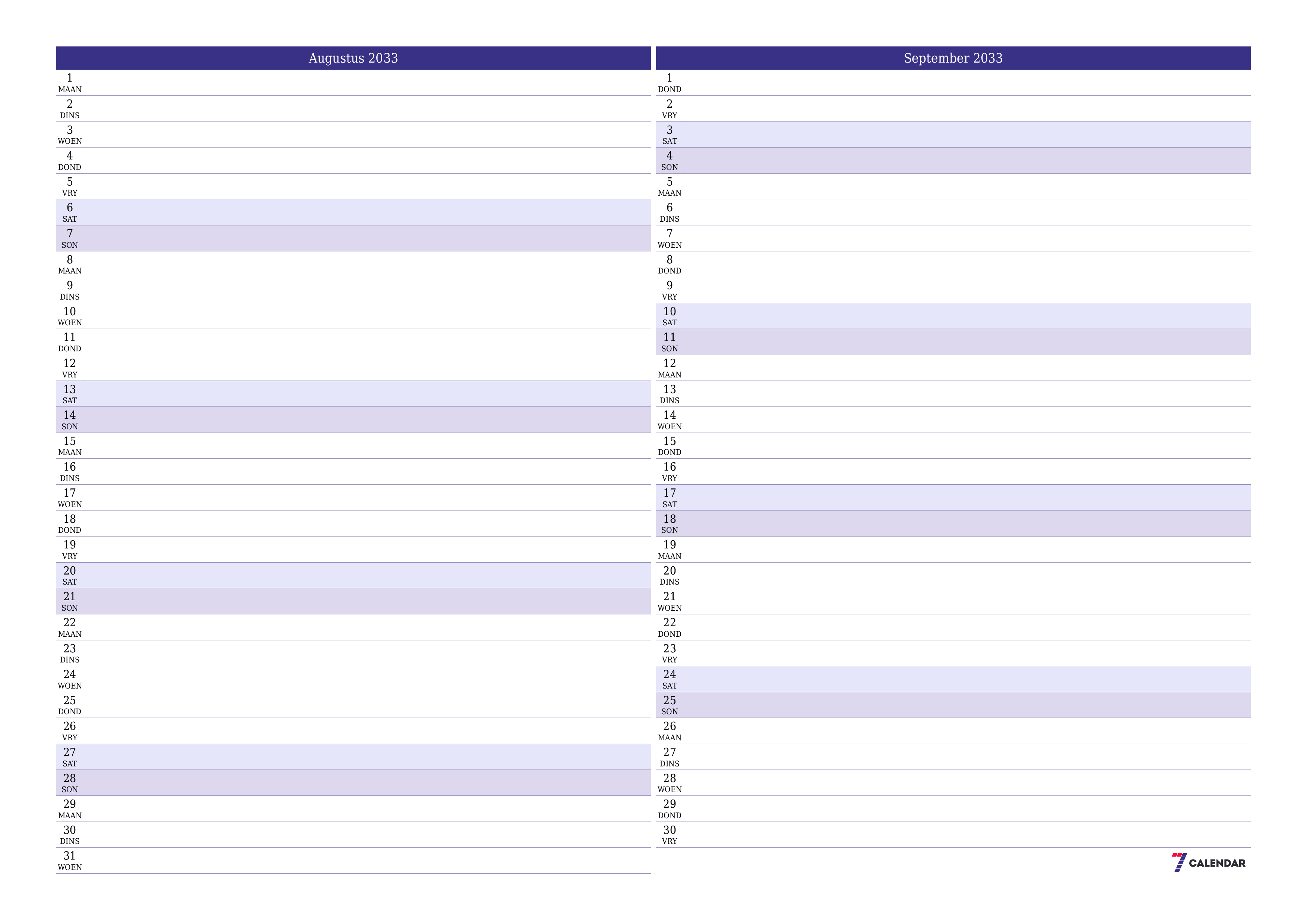 Leë maandelikse drukbare kalender en beplanner vir maand Augustus 2033 met notas stoor en druk na PDF PNG Afrikaans
