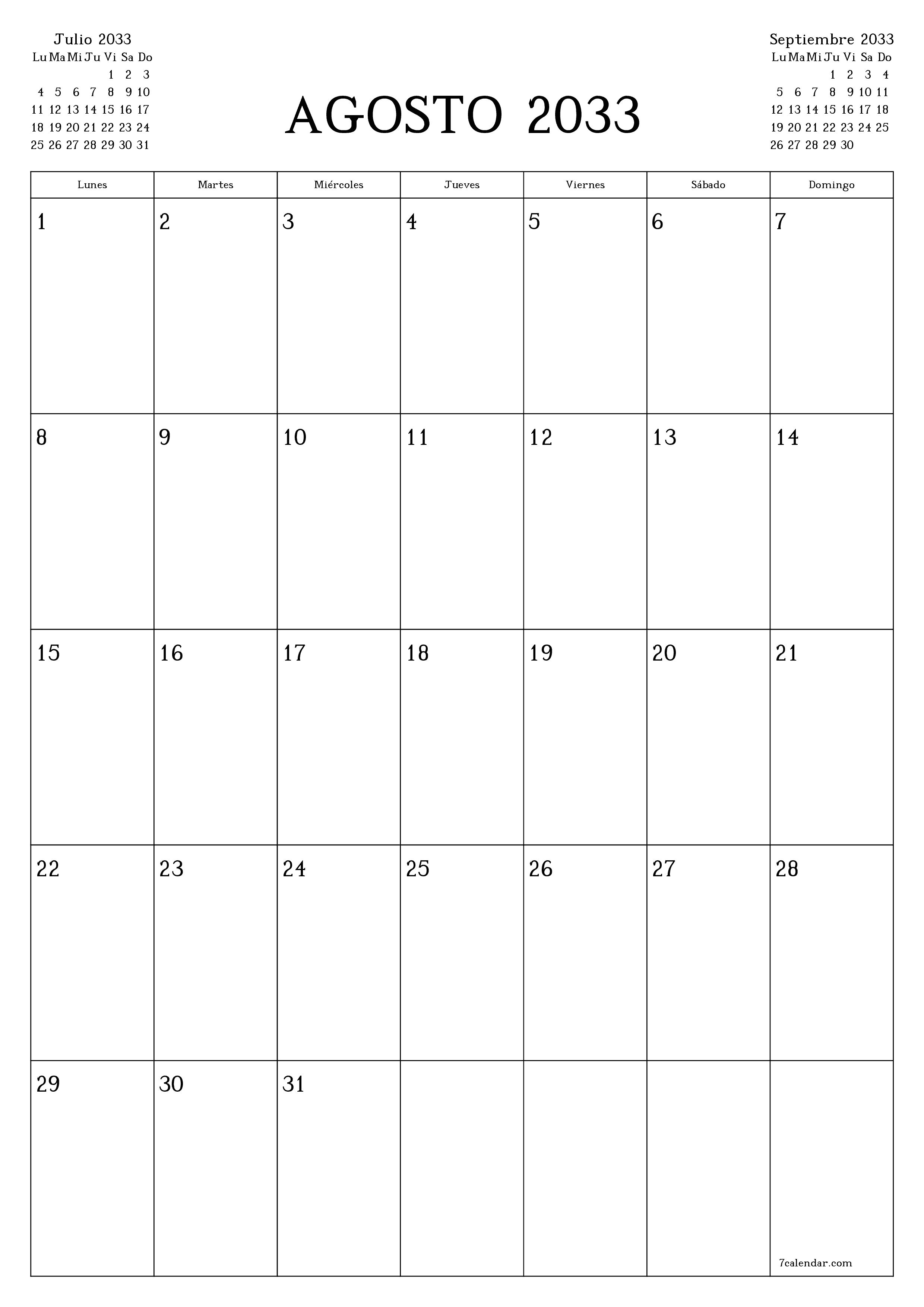 Planificador mensual vacío para el mes Agosto 2033 con notas, guardar e imprimir en PDF PNG Spanish