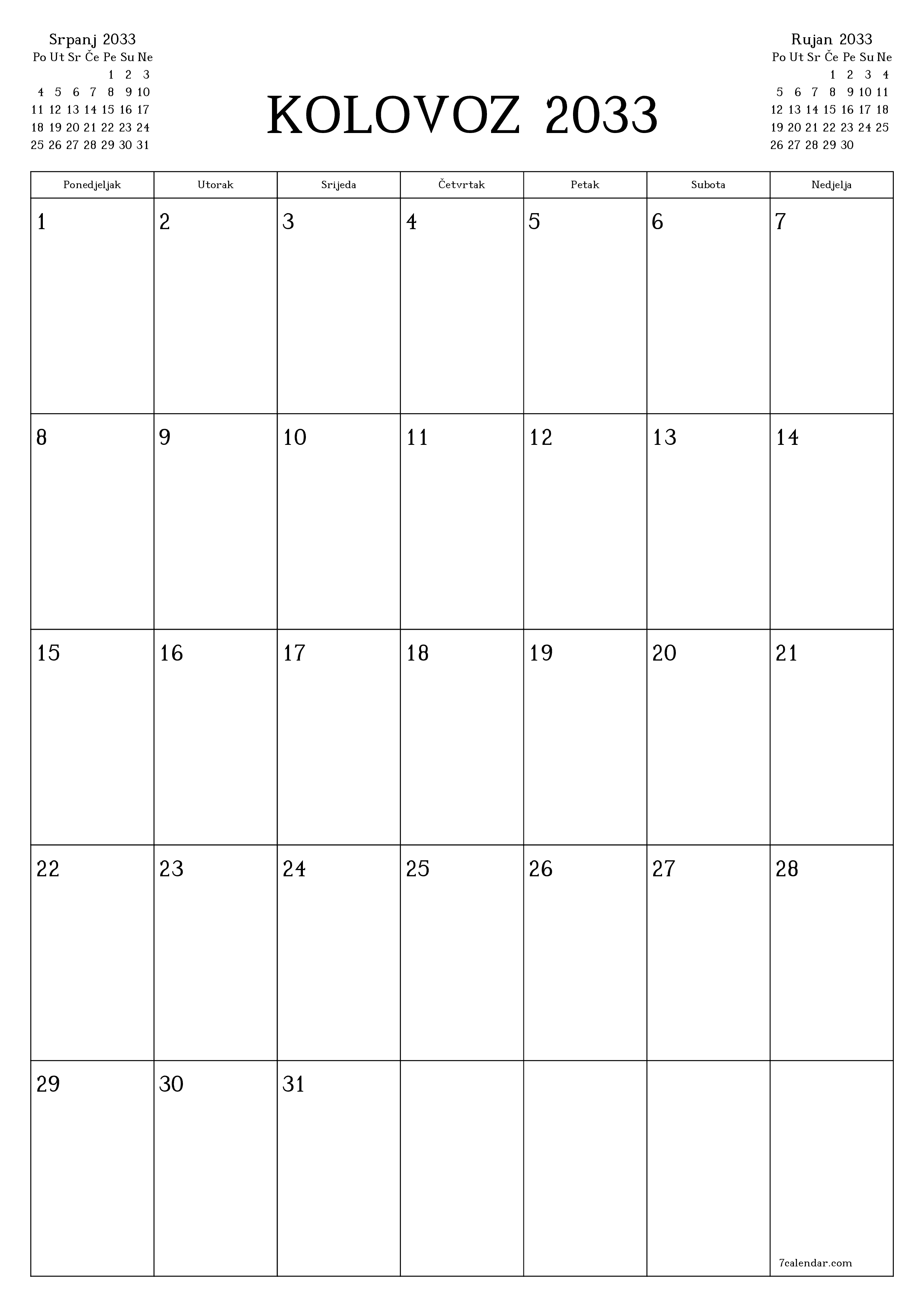  za ispis zidni predložak a besplatni okomito Mjesečni planer kalendar Kolovoz (Kol) 2033
