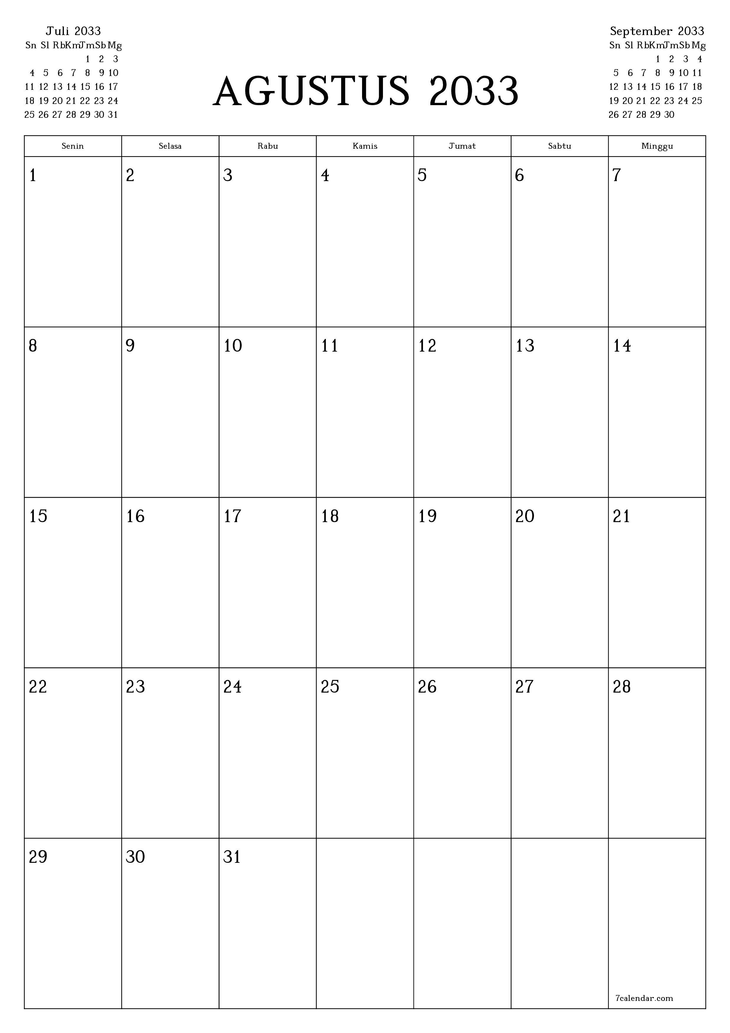  yang dapat dicetak dinding templat gratisvertikal Bulanan perencana kalender Agustus (Agt) 2033