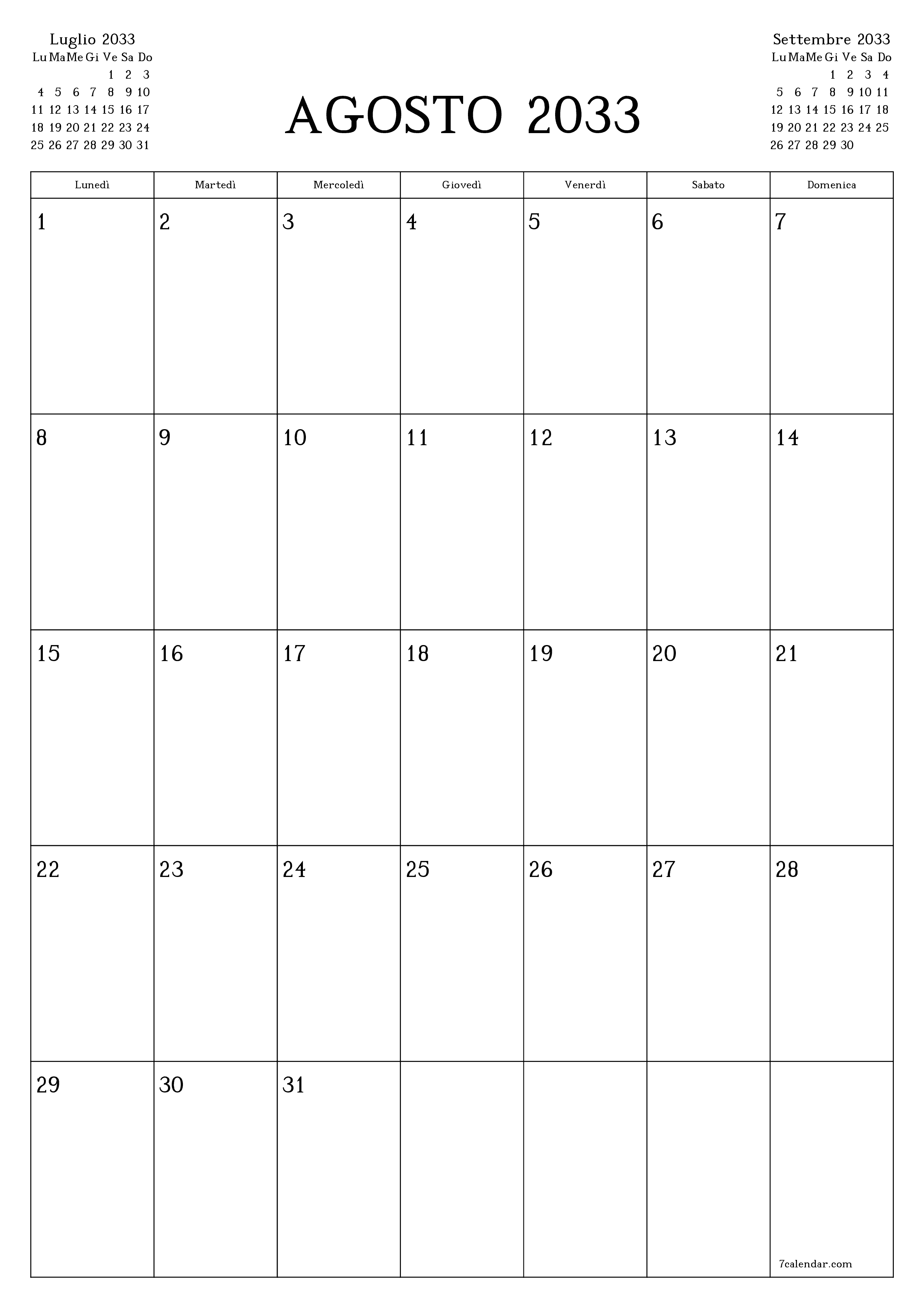  stampabile da parete modello di gratuitoverticale Mensile pianificatore calendario Agosto (Ago) 2033