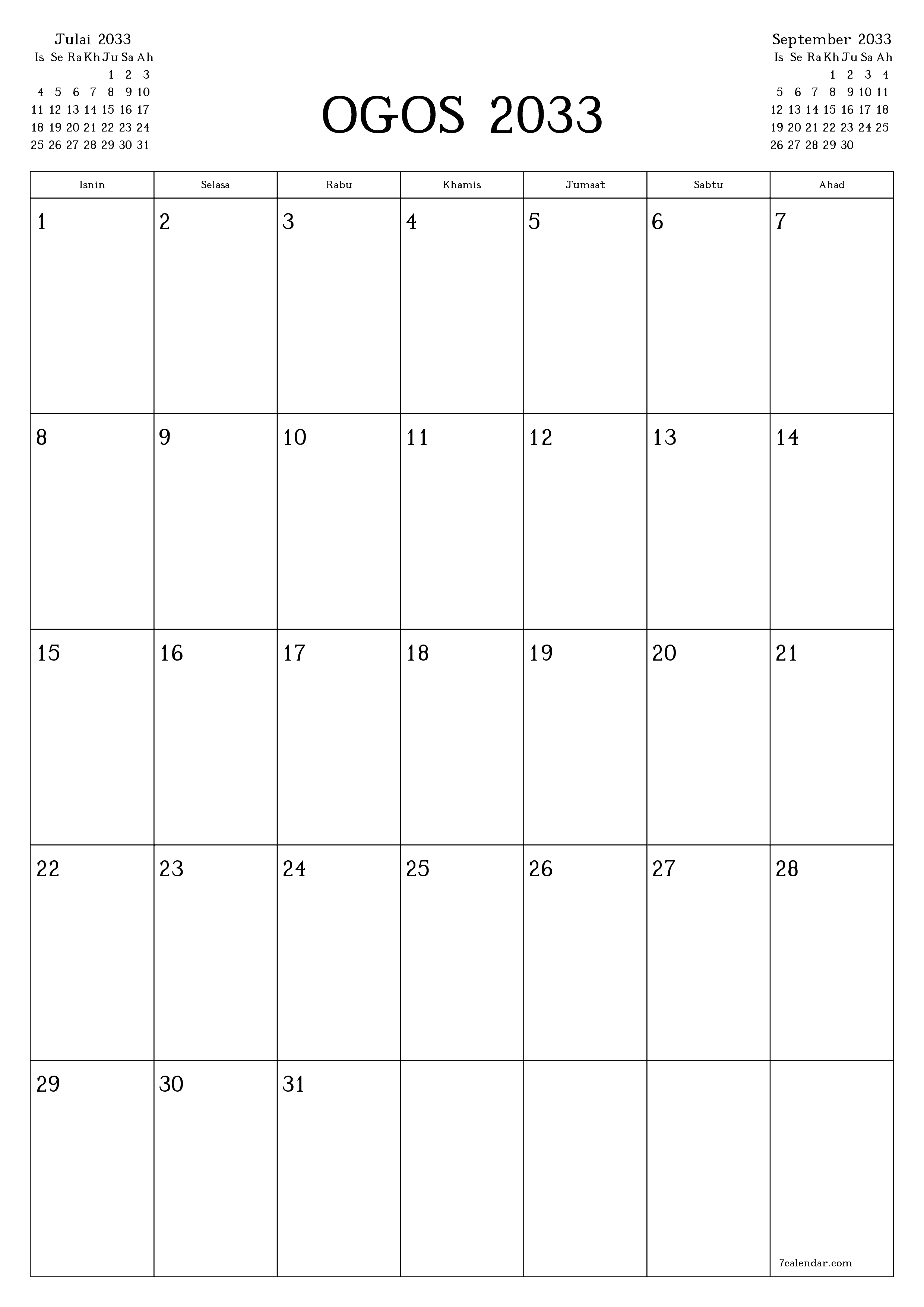  boleh cetak dinding templat percumamenegak Bulanan perancang kalendar Ogos (Ogo) 2033