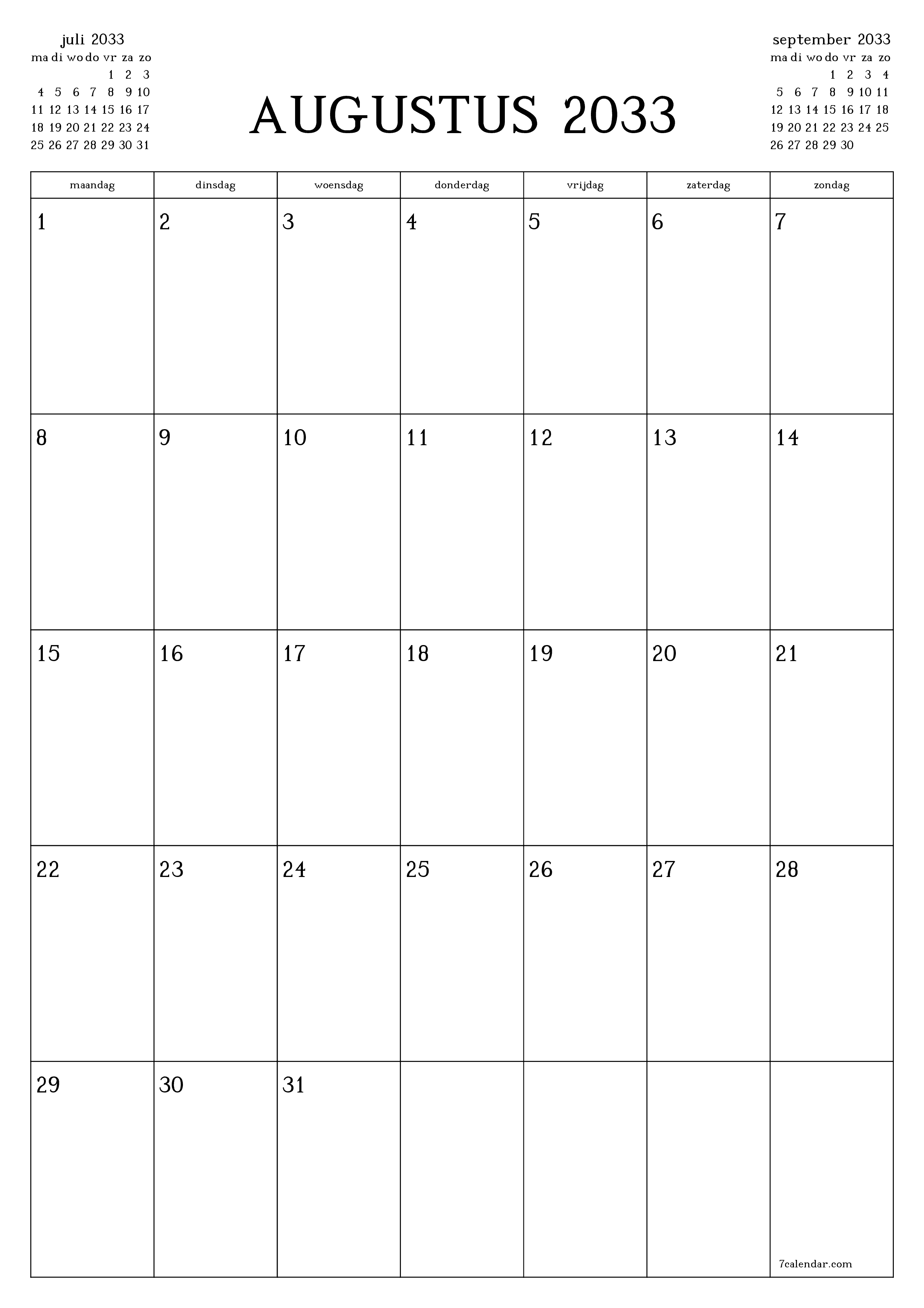 afdrukbare muur sjabloon gratis verticaal Maandelijks planner kalender augustus (aug) 2033