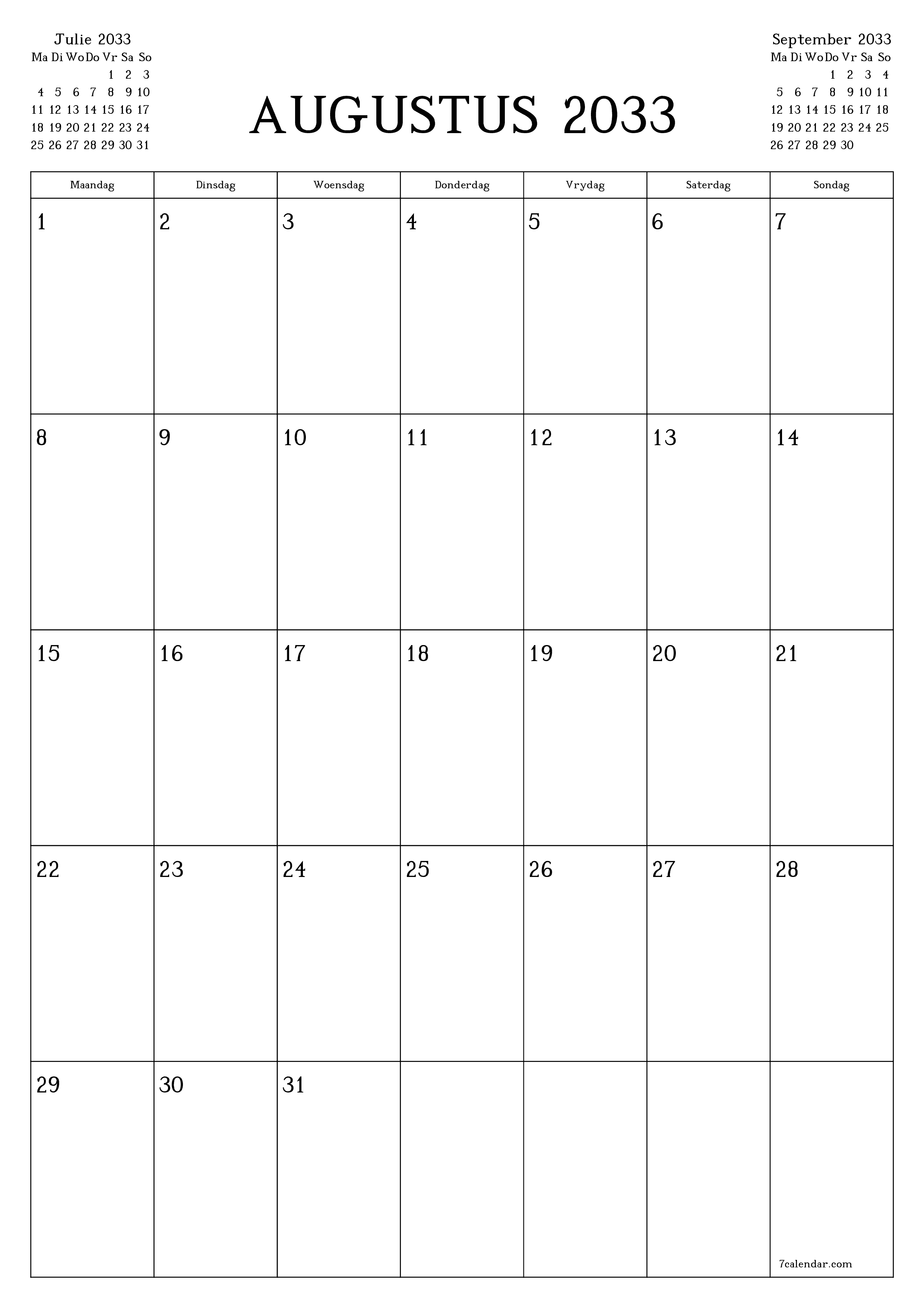 drukbare muur template gratis vertikaal Maandeliks beplanner kalender Augustus (Aug) 2033