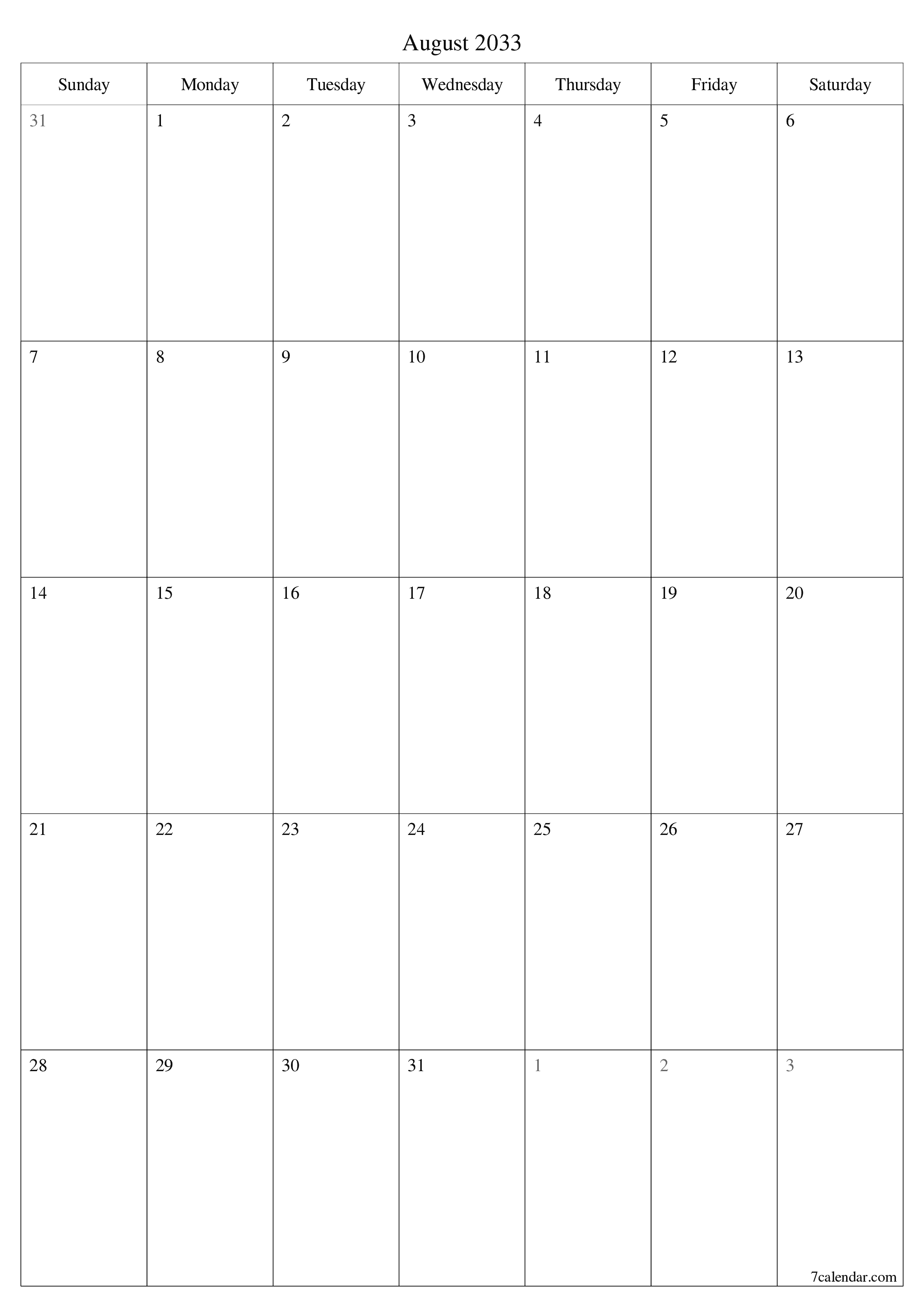 Blank calendar August 2033