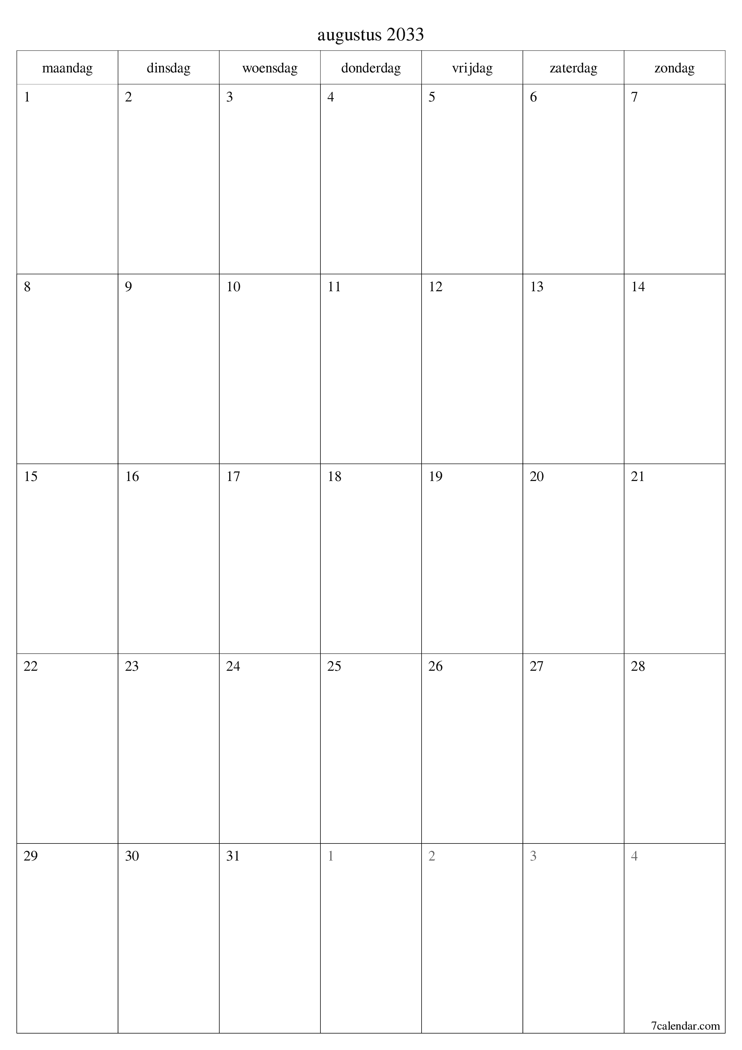 afdrukbare muur sjabloon gratis verticaal Maandelijks planner kalender augustus (aug) 2033