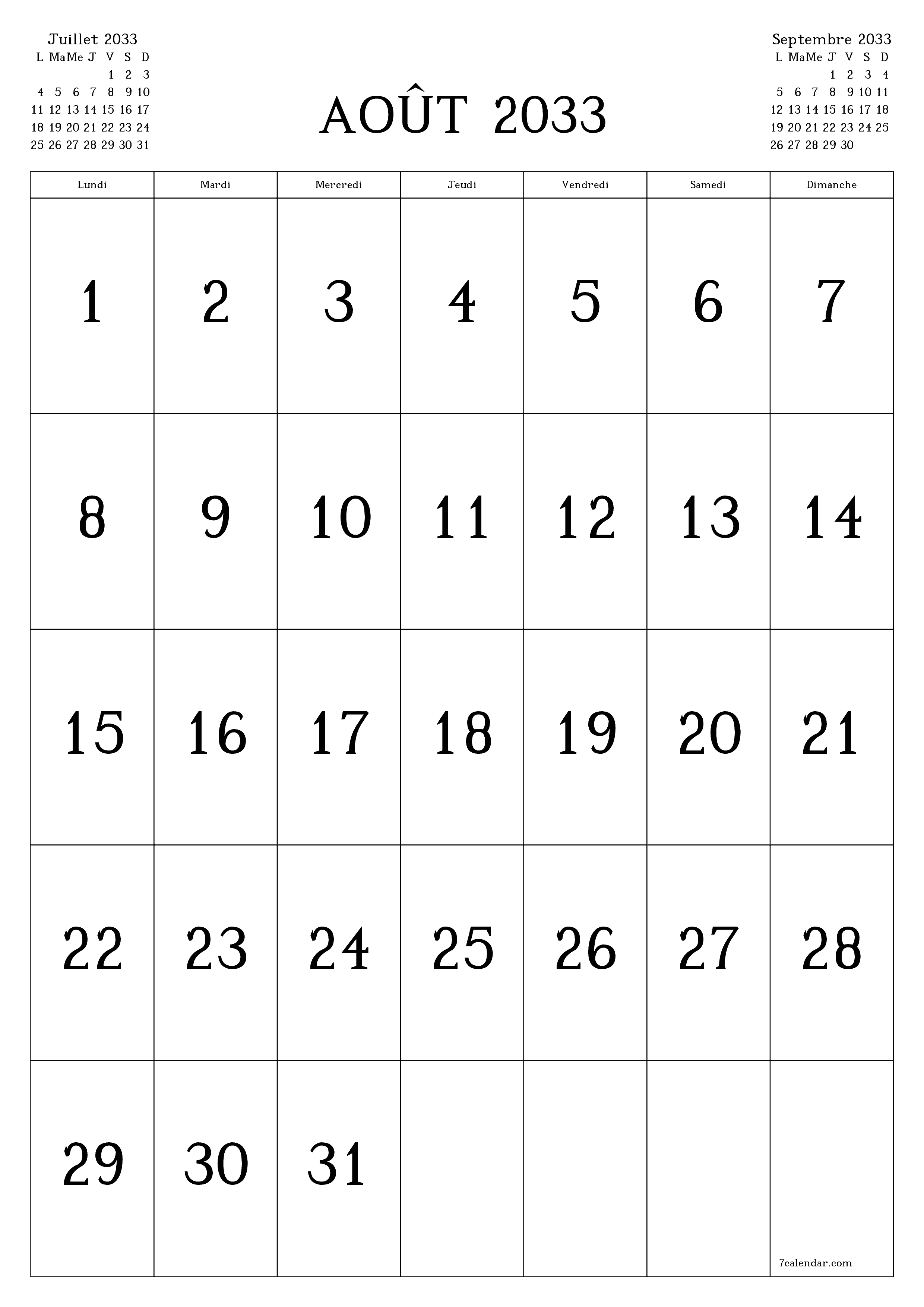  imprimable mural modèle de gratuitverticale Mensuel calendrier Août (Aou) 2033