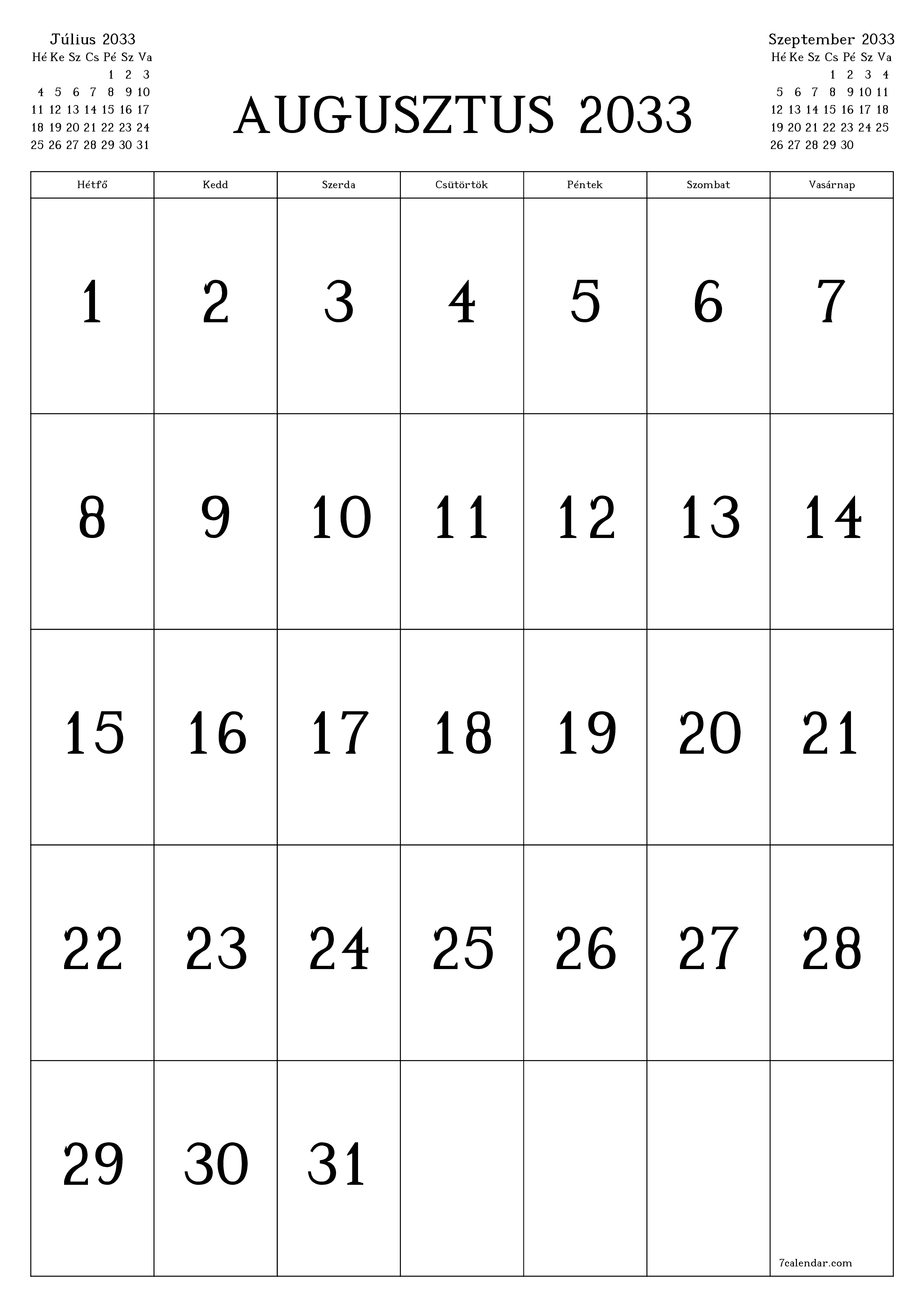 nyomtatható fali sablon ingyenes függőleges Havi naptár Augusztus (Aug) 2033