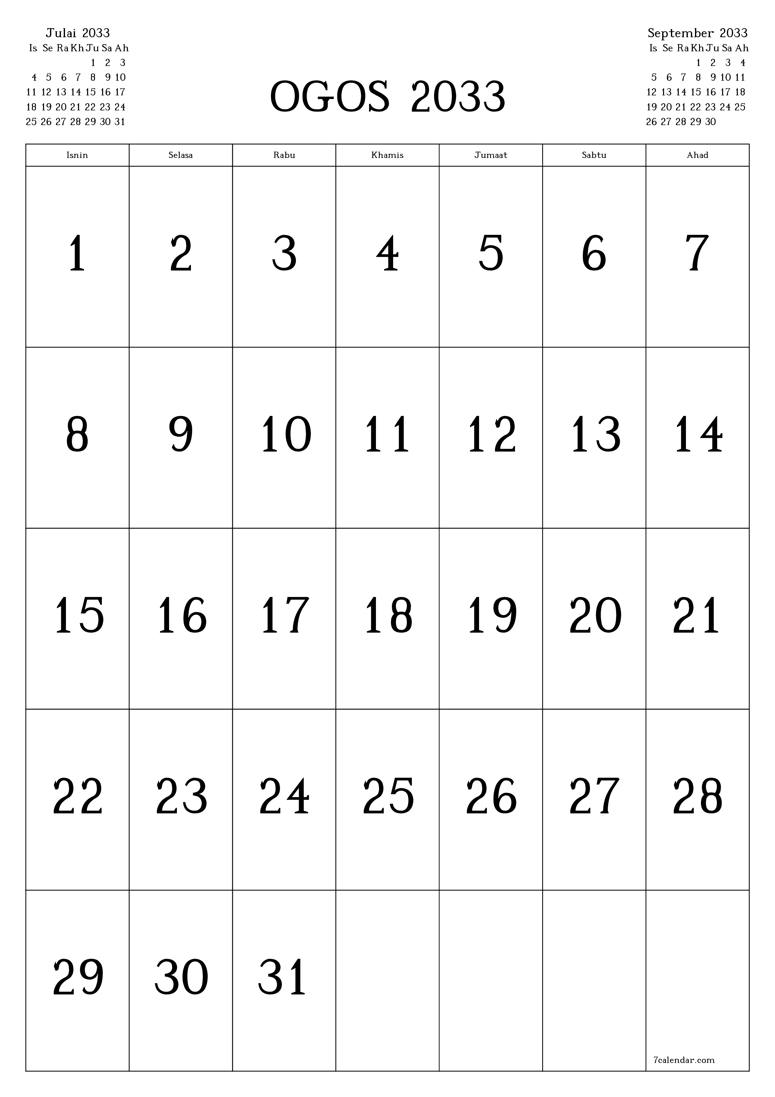  boleh cetak dinding templat percumamenegak Bulanan kalendar Ogos (Ogo) 2033
