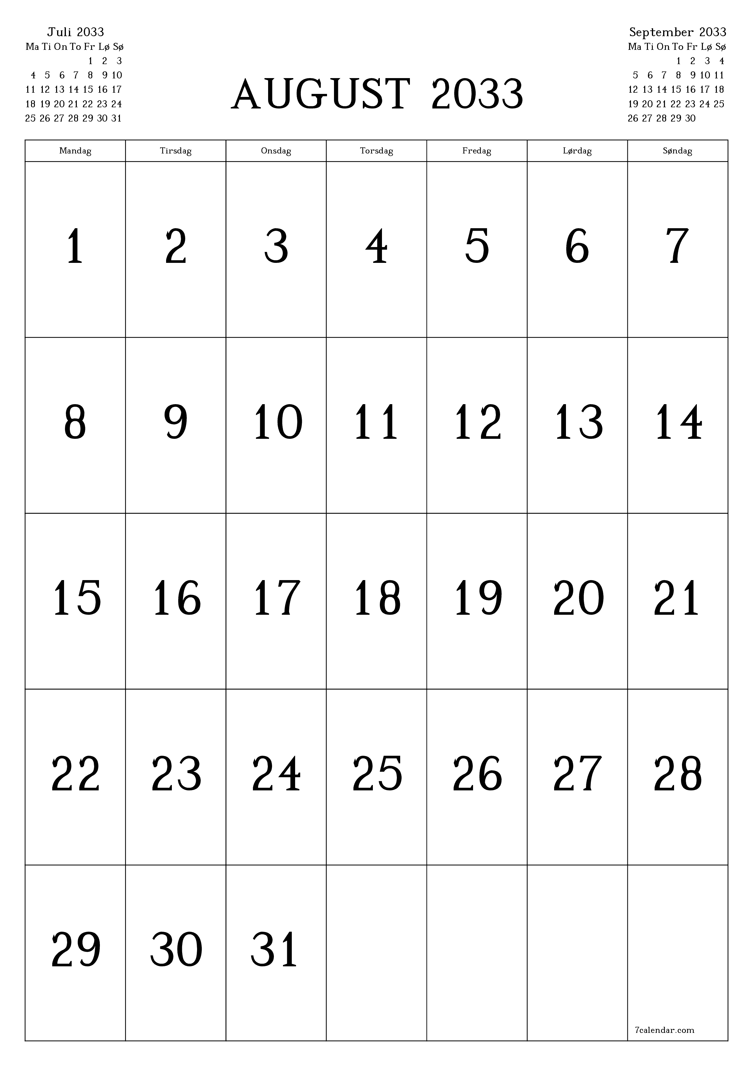 utskrivbar vegg mal gratis vertikal Månedlig kalender August (Aug) 2033