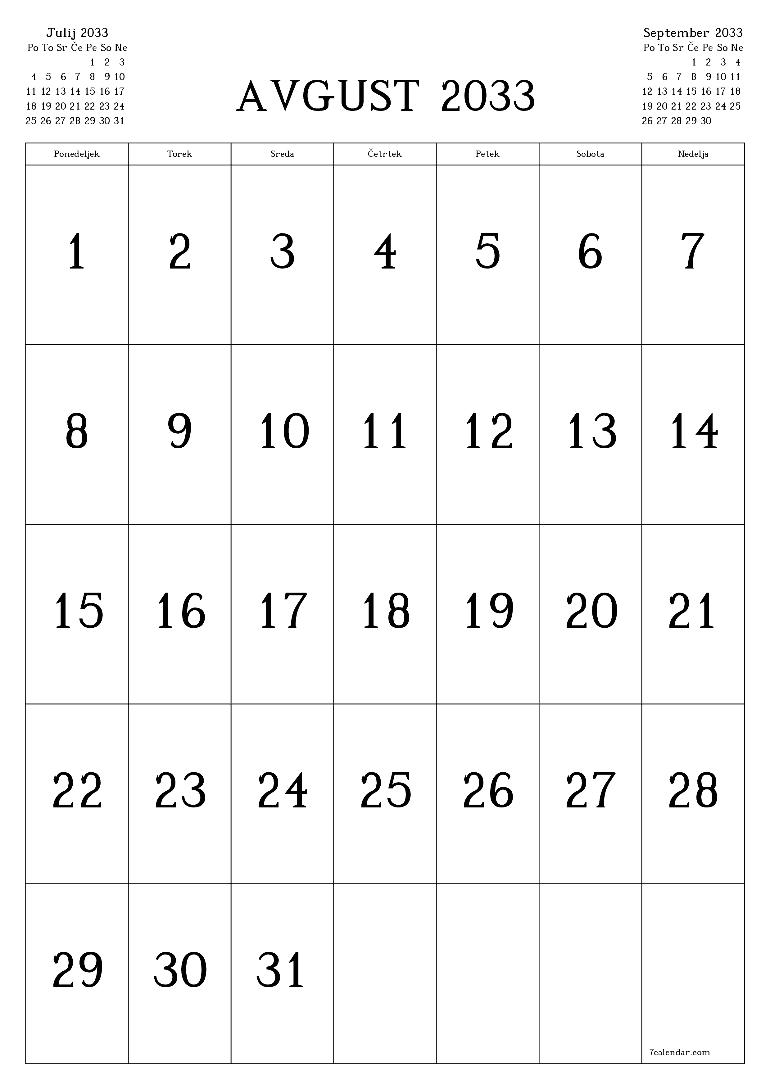natisljiv stenski ska predloga brezplačni vertical Mesečno koledar Avgust (Avg) 2033