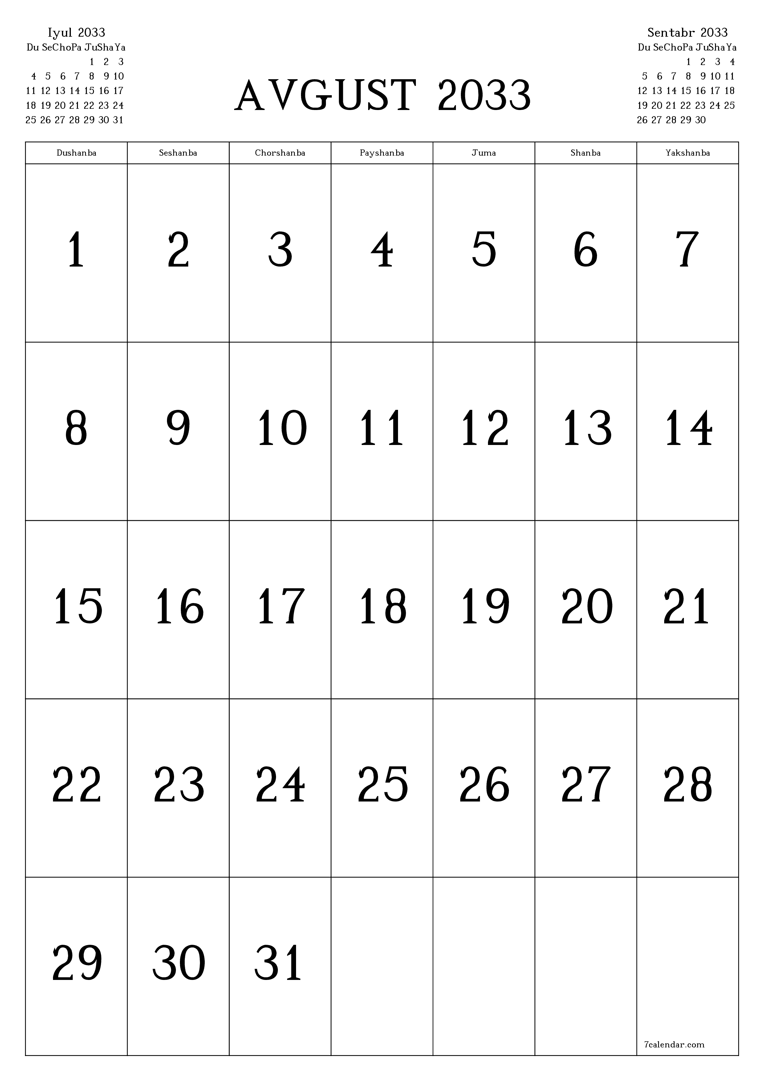chop etiladigan devor taqvimi shabloni bepul vertikal Oylik kalendar Avgust (Avg) 2033