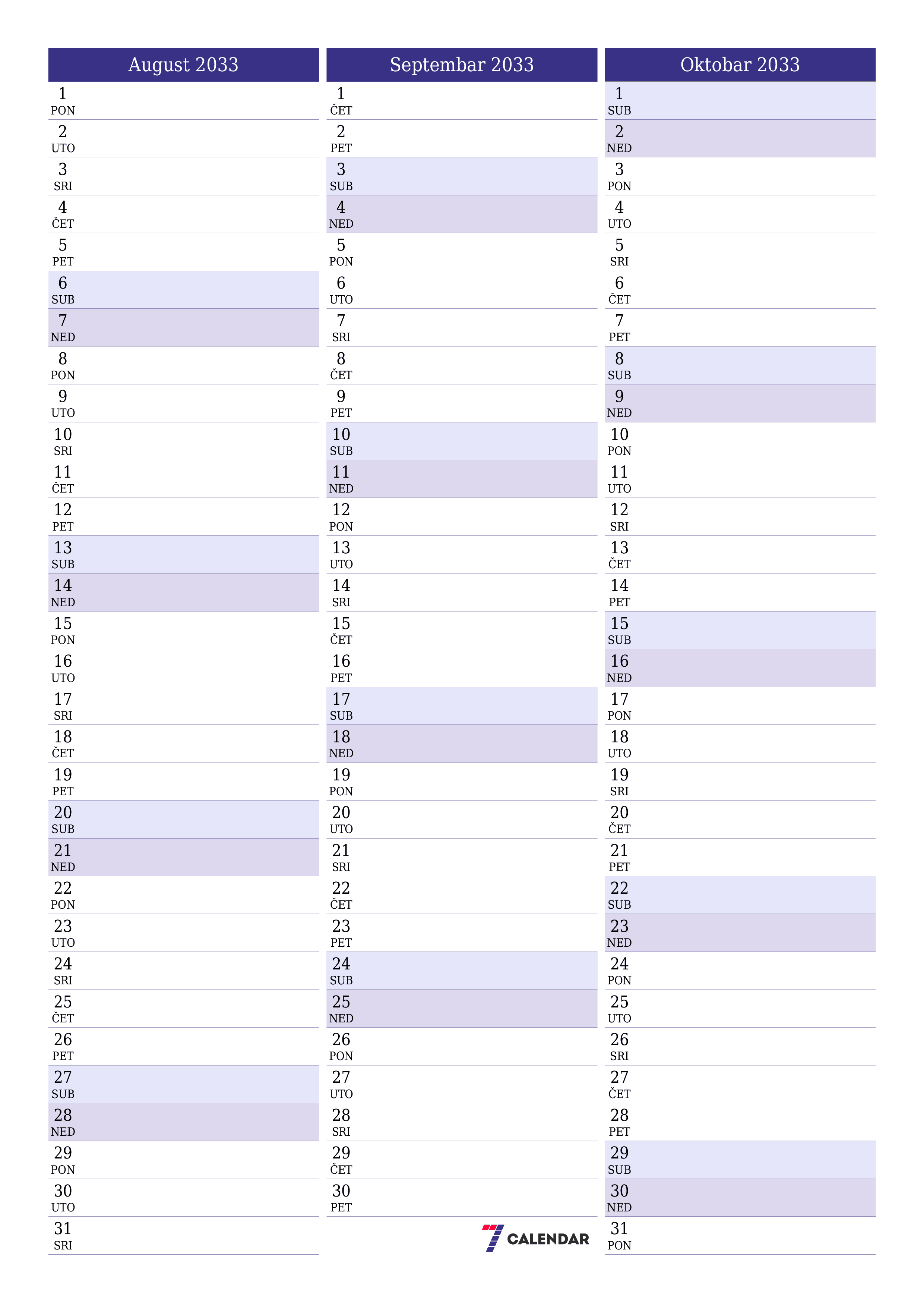 Ispraznite mjesečni planer za mjesec August 2033 s bilješkama, spremite i ispišite u PDF PNG Bosnian