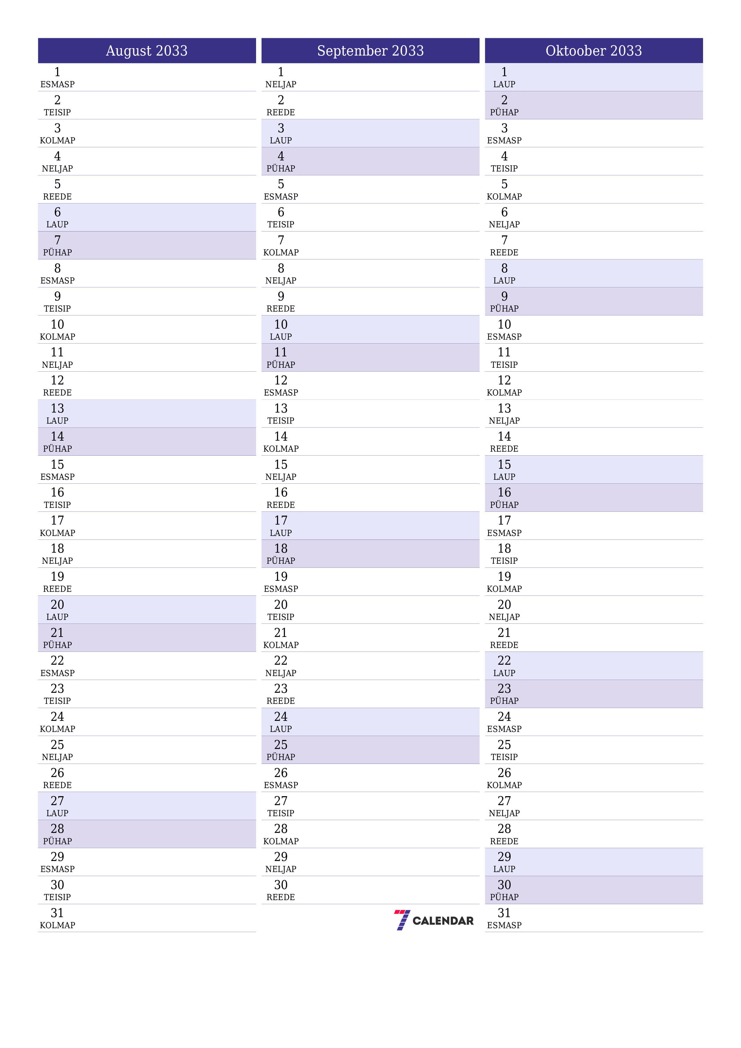 prinditav seina kalendri mall tasuta vertikaalne Igakuine planeerija kalender August (Aug) 2033