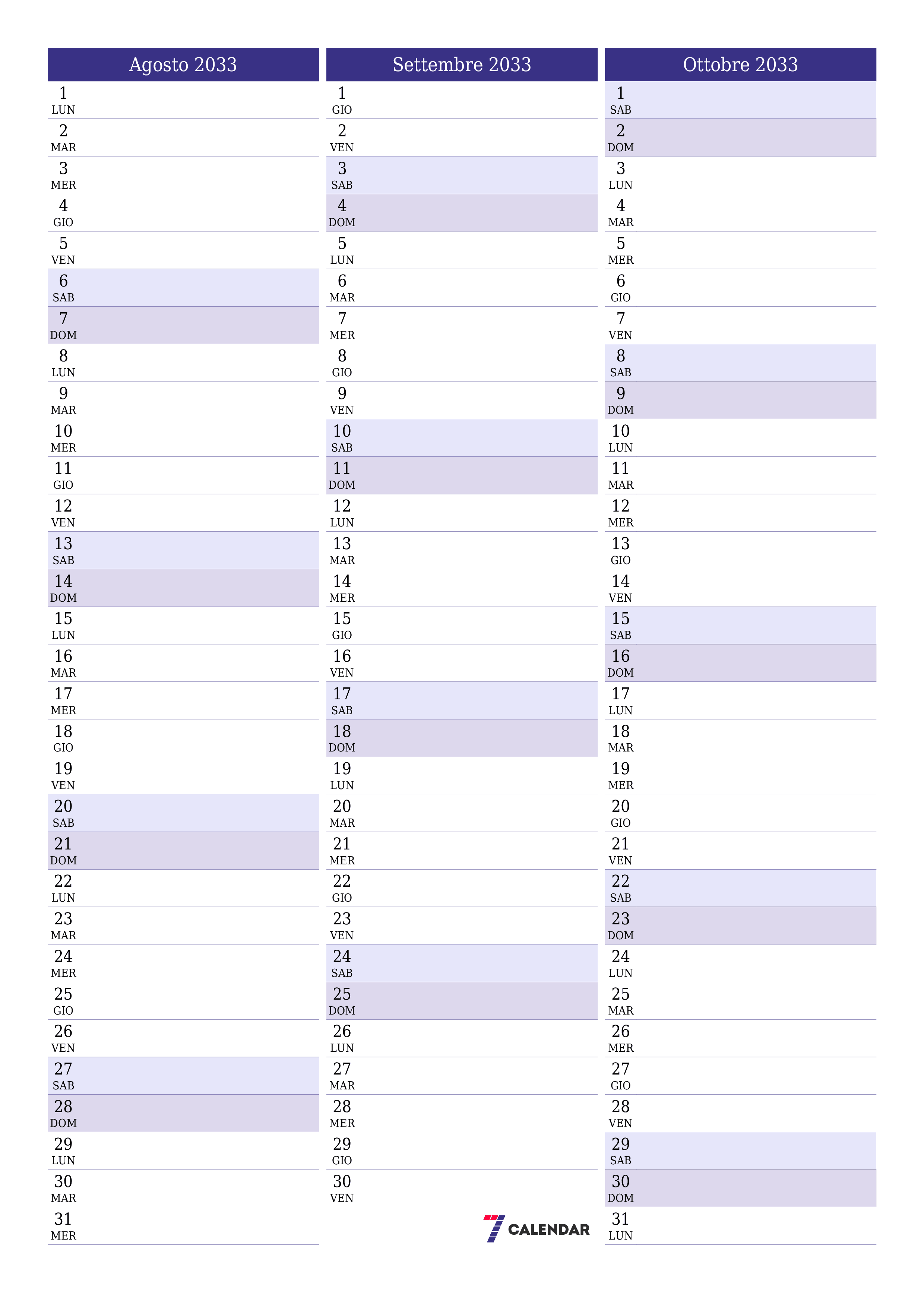 Pianificatore mensile vuoto per il mese Agosto 2033 con note, salva e stampa in PDF PNG Italian