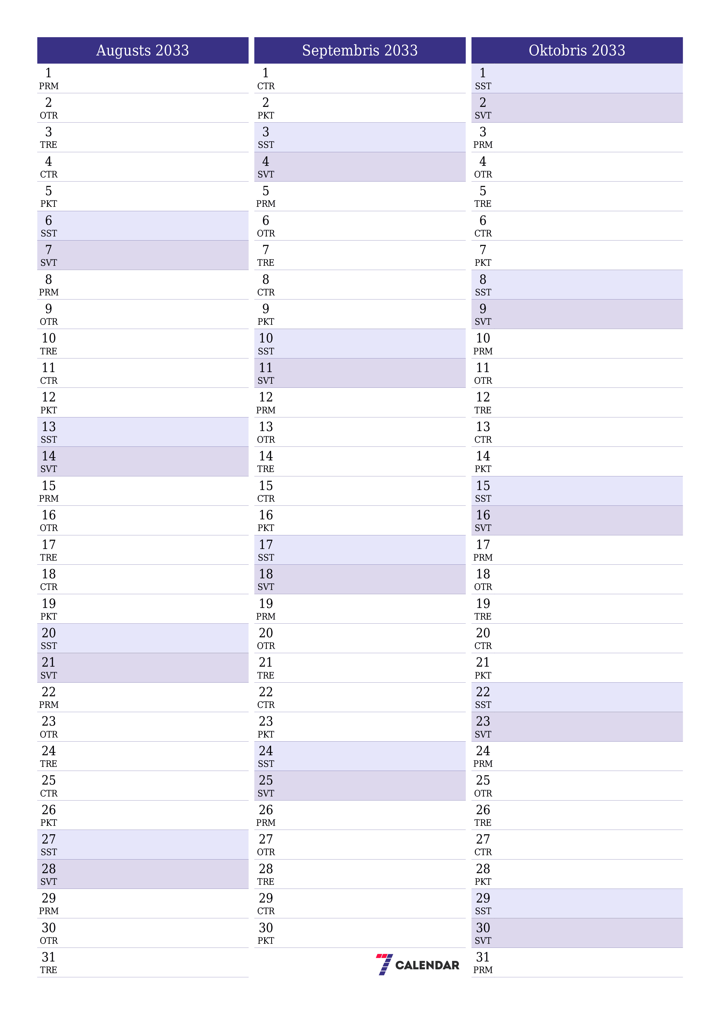 izdrukājams sienas kalendāra veidne bezmaksas vertikāli Mēneša plānotājs kalendārs Augusts (Aug) 2033