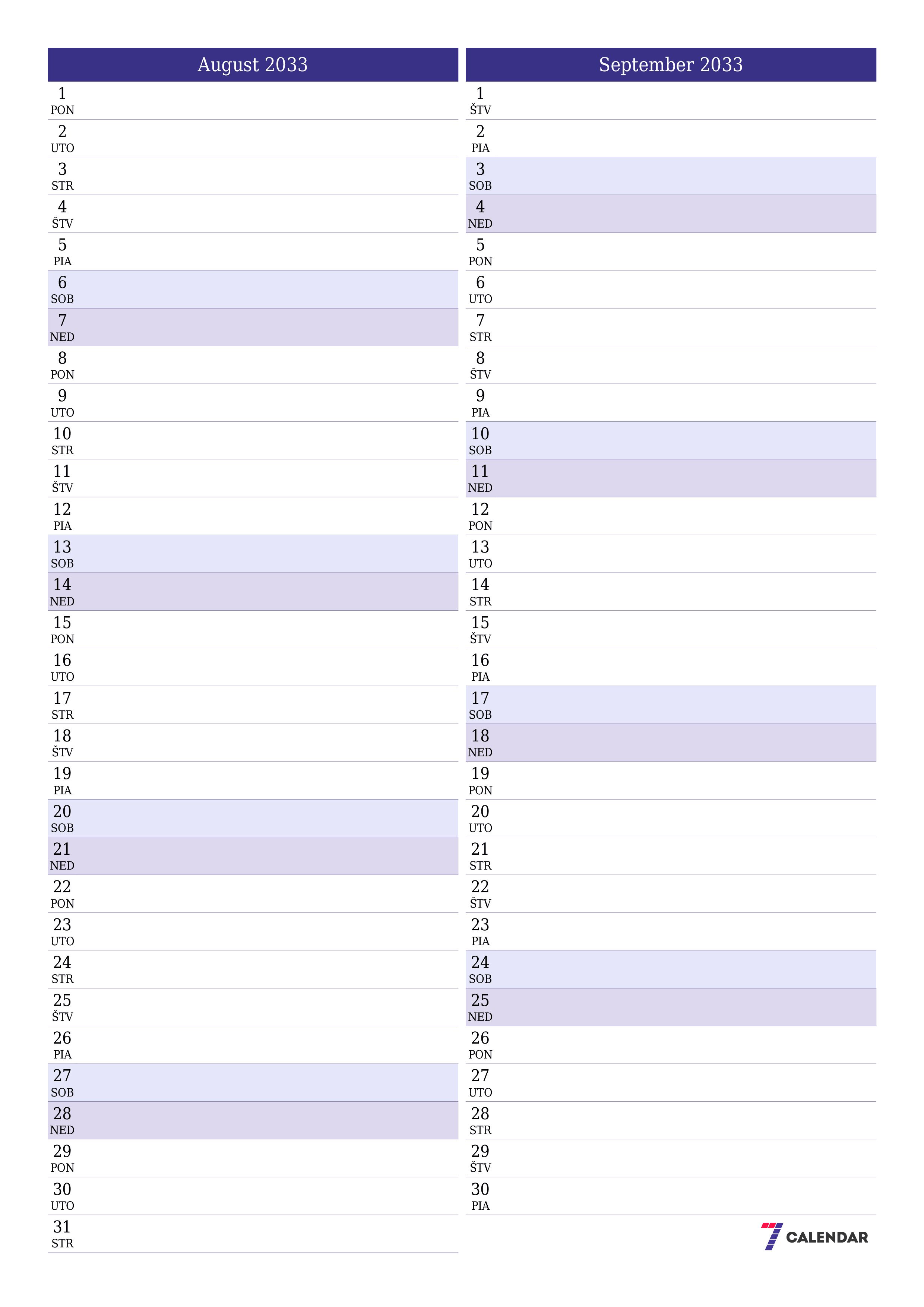 vytlačiteľný nástenný šablóna a bezplatný вертикальный Mesačne plánovač kalendár August (Aug) 2033