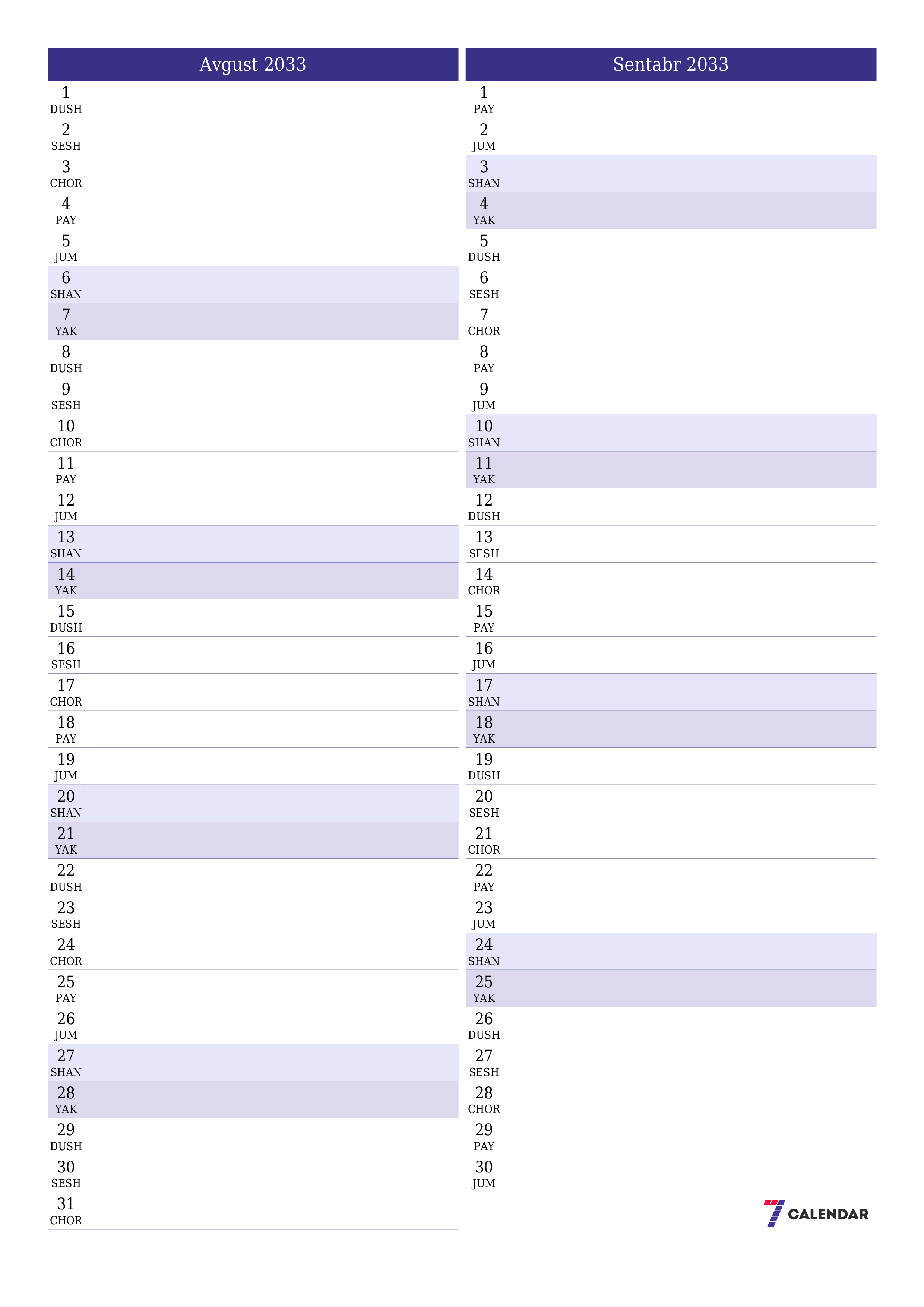 chop etiladigan devor taqvimi shabloni bepul vertikal Oylik rejalashtiruvchi kalendar Avgust (Avg) 2033