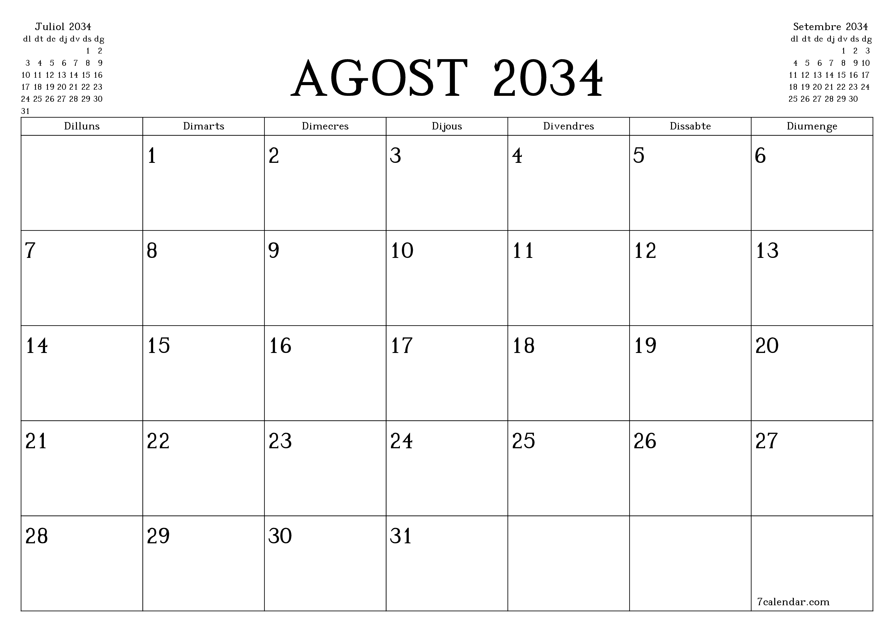 Planificador mensual buit del mes Agost 2034 amb notes, deseu-lo i imprimiu-lo en format PDF PNG Catalan