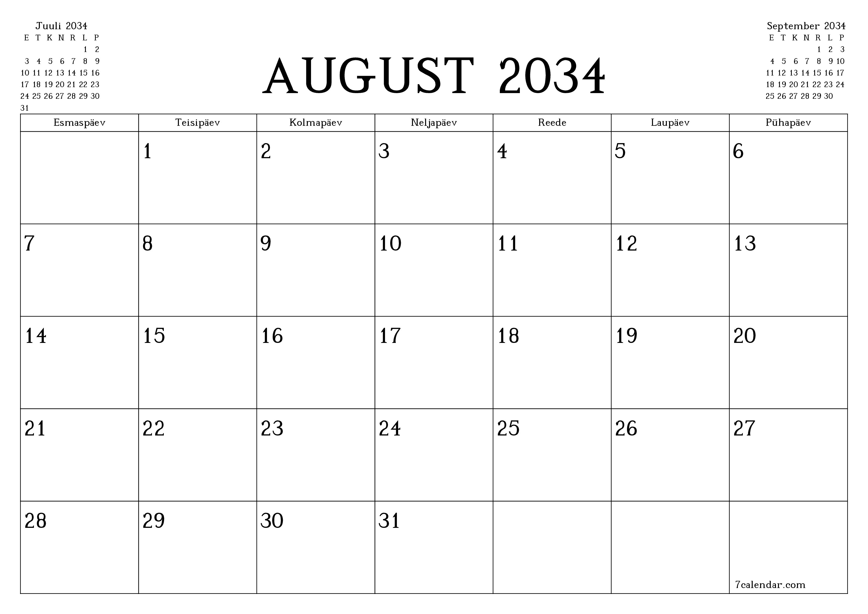 Tühjendage kuu August 2034 kuuplaneerija märkmetega, salvestage ja printige PDF-i PNG Estonian