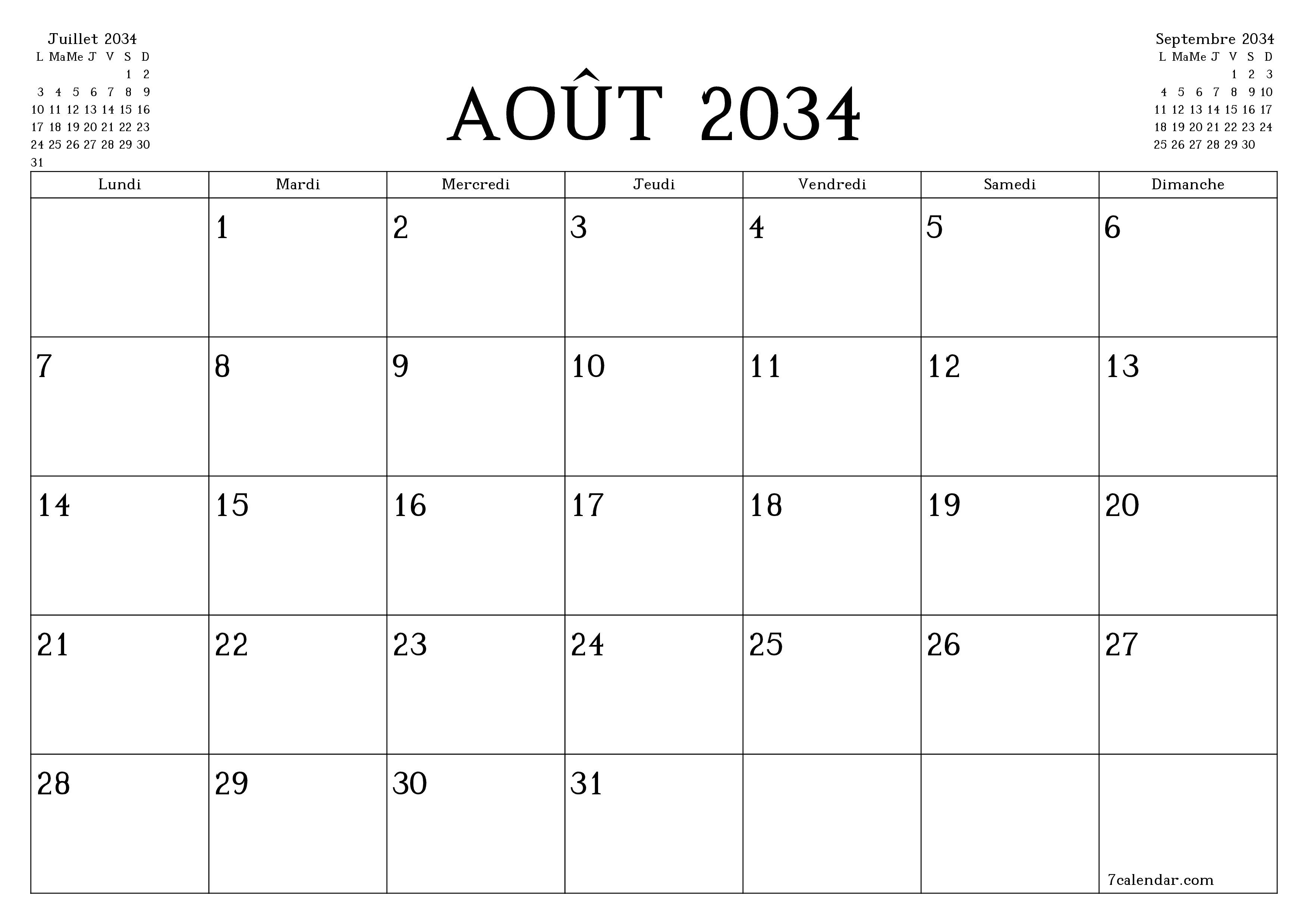 Agenda mensuel vide pour le mois Août 2034 avec notes, enregistrez et imprimez au format PDF PNG French