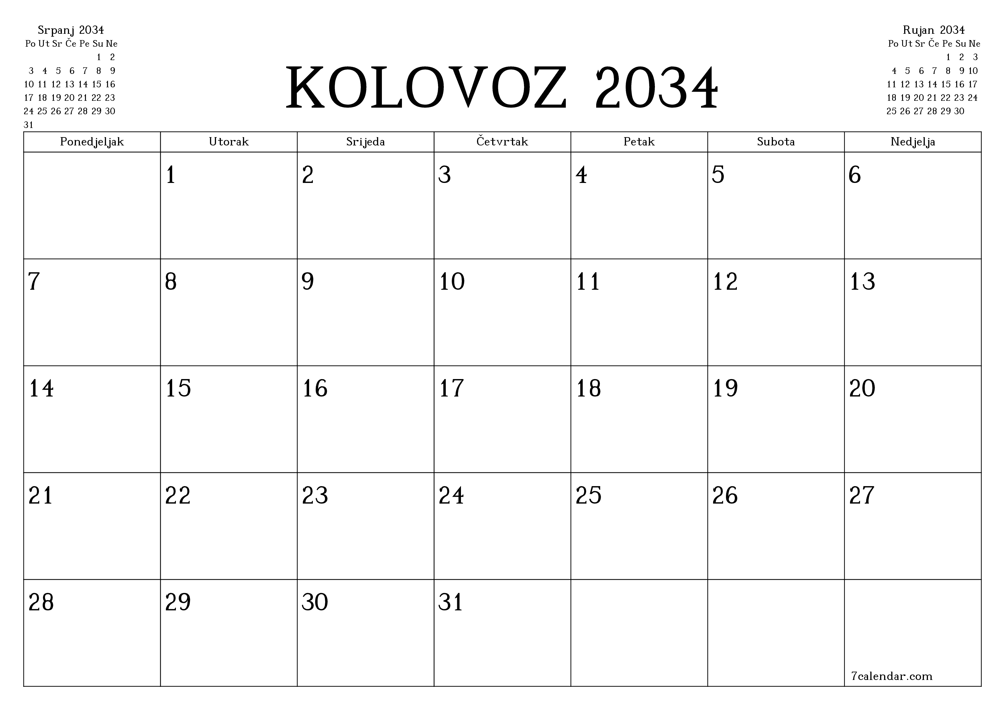 Ispraznite mjesečni planer za mjesec Kolovoz 2034 s bilješkama, spremite i ispišite u PDF PNG Croatian