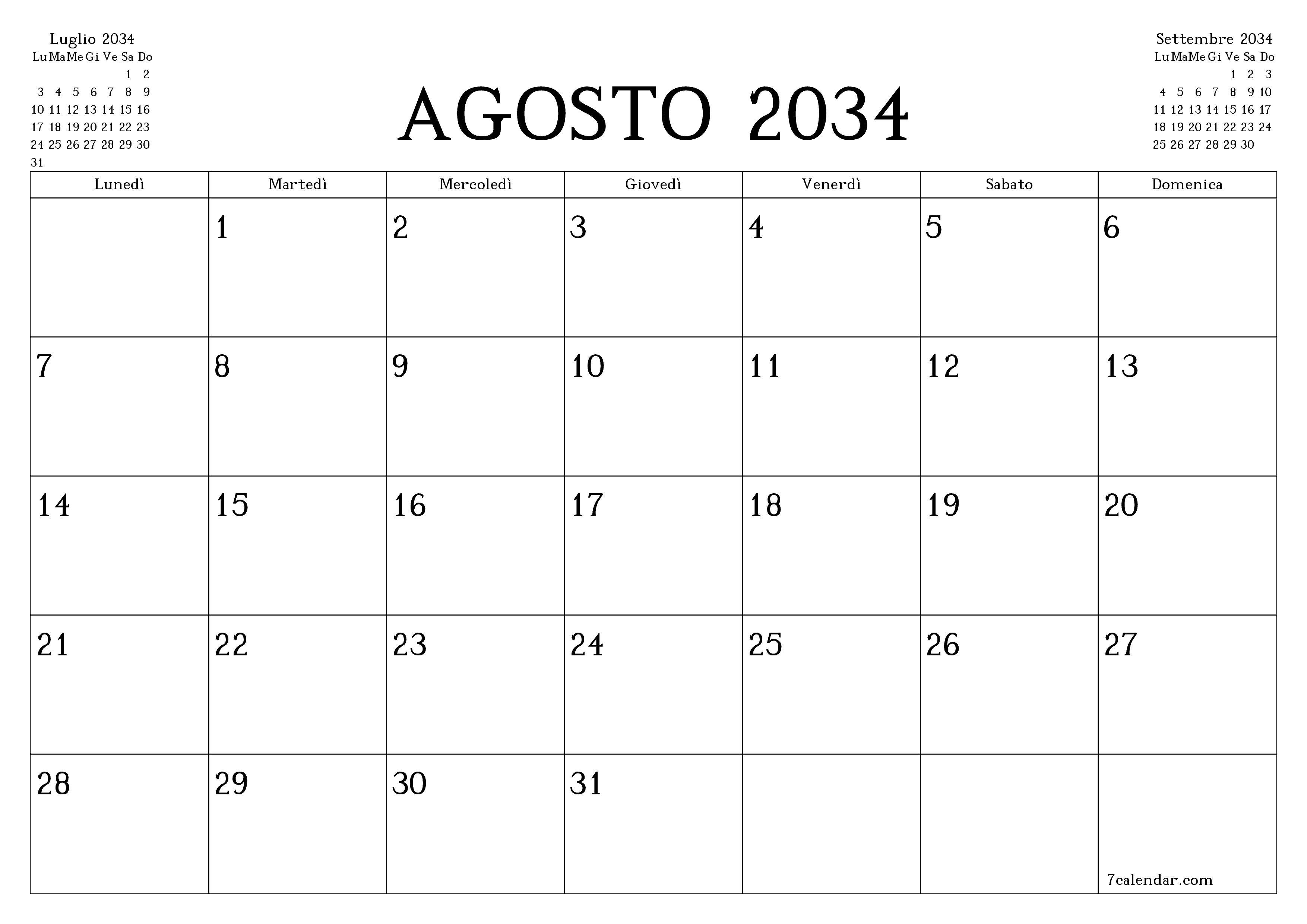 Pianificatore mensile vuoto per il mese Agosto 2034 con note, salva e stampa in PDF PNG Italian
