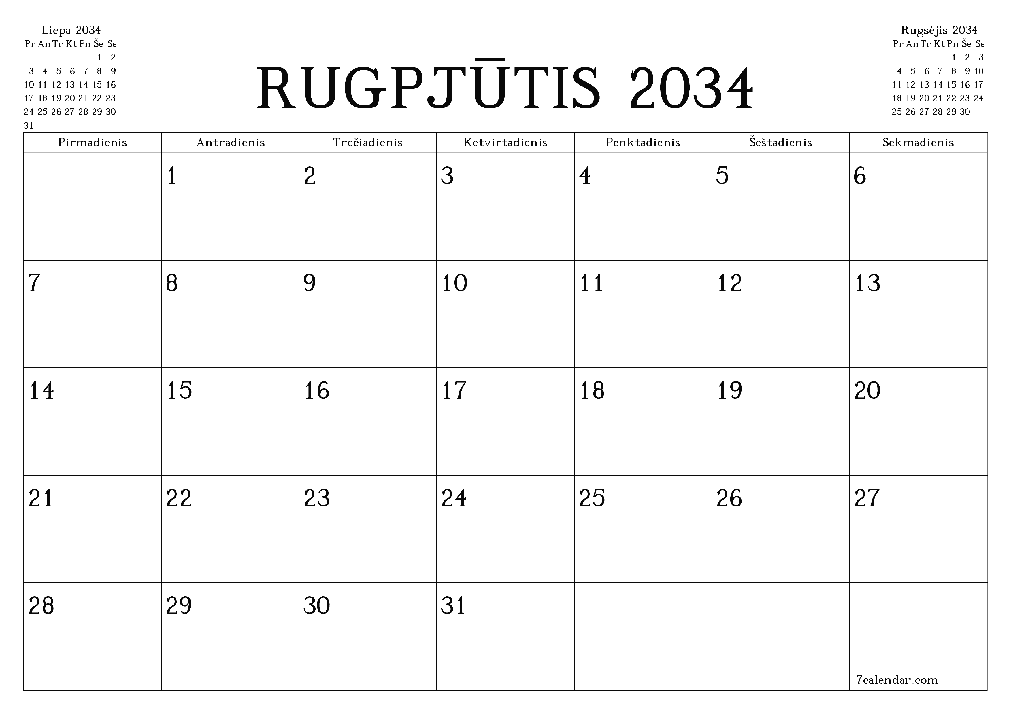 Ištuštinti mėnesio Rugpjūtis 2034 mėnesio planavimo priemonę su užrašais, išsaugoti ir atsispausdinti PDF formate PNG Lithuanian