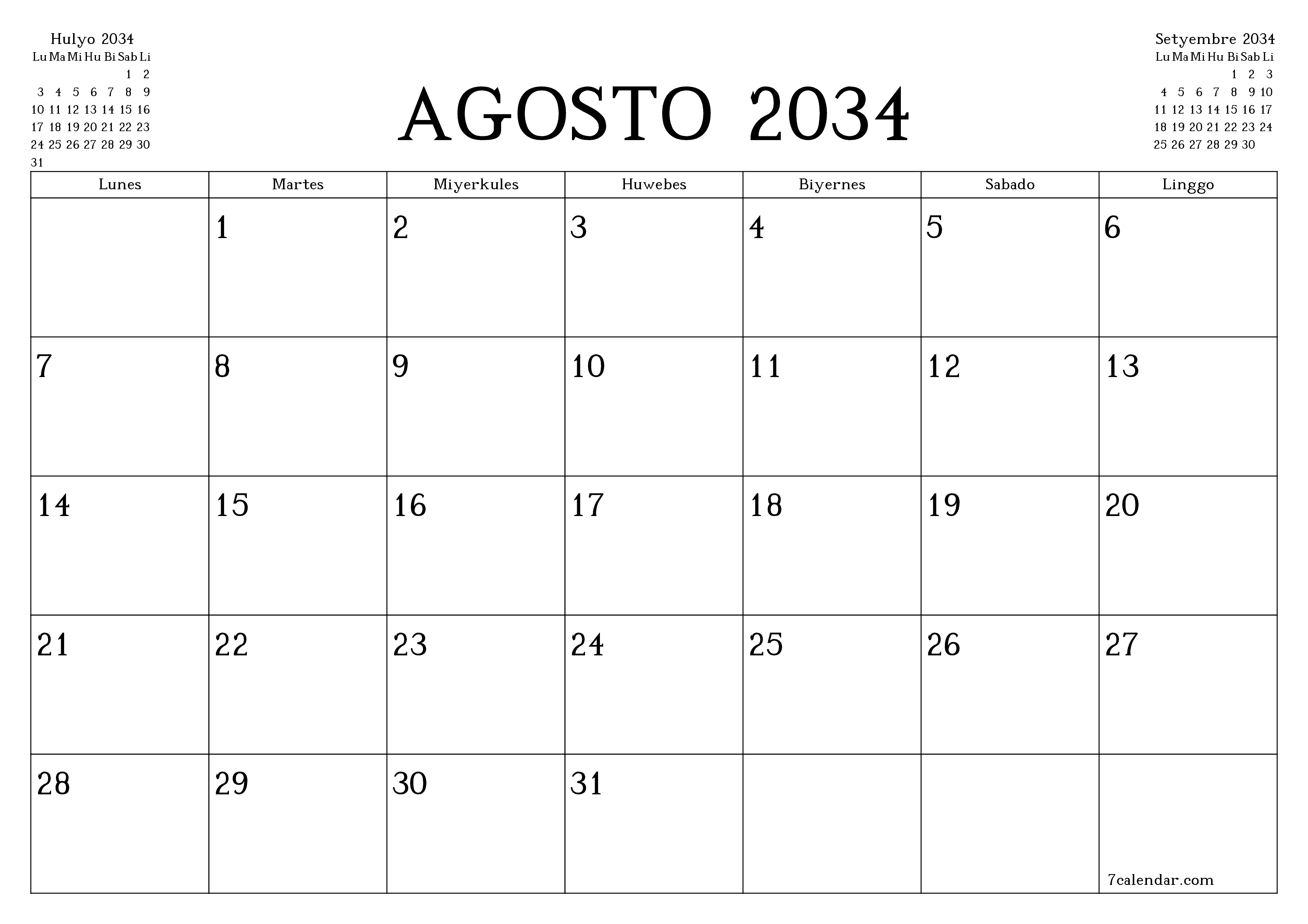 Walang laman na buwanang tagaplano para sa buwan na Agosto 2034 na may mga tala, i-save at i-print sa PDF PNG Filipino