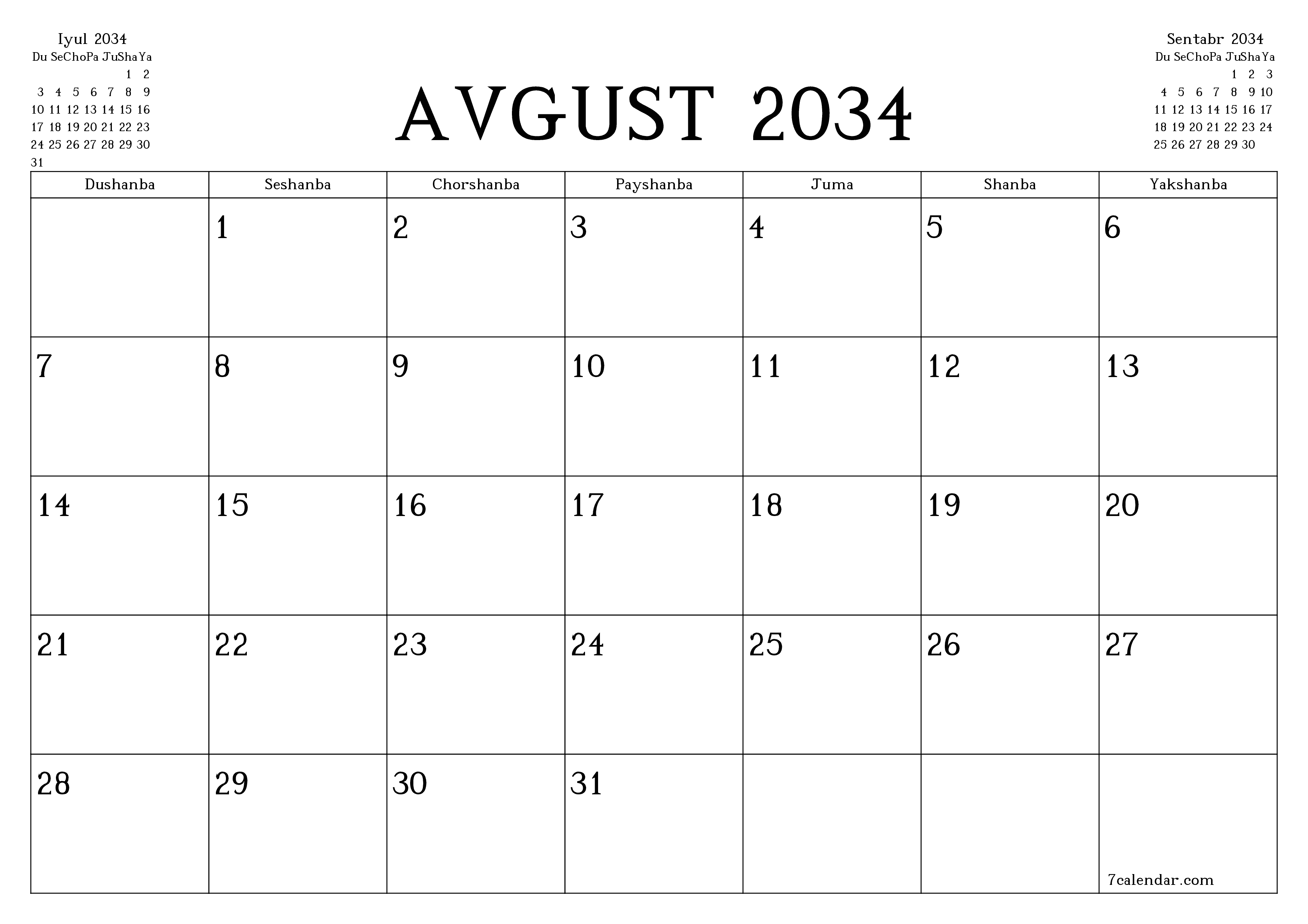 Avgust 2034 oylik oylik rejalashtiruvchini yozuvlar bilan bo'shatish, saqlash va PDF-ga chop etish PNG Uzbek