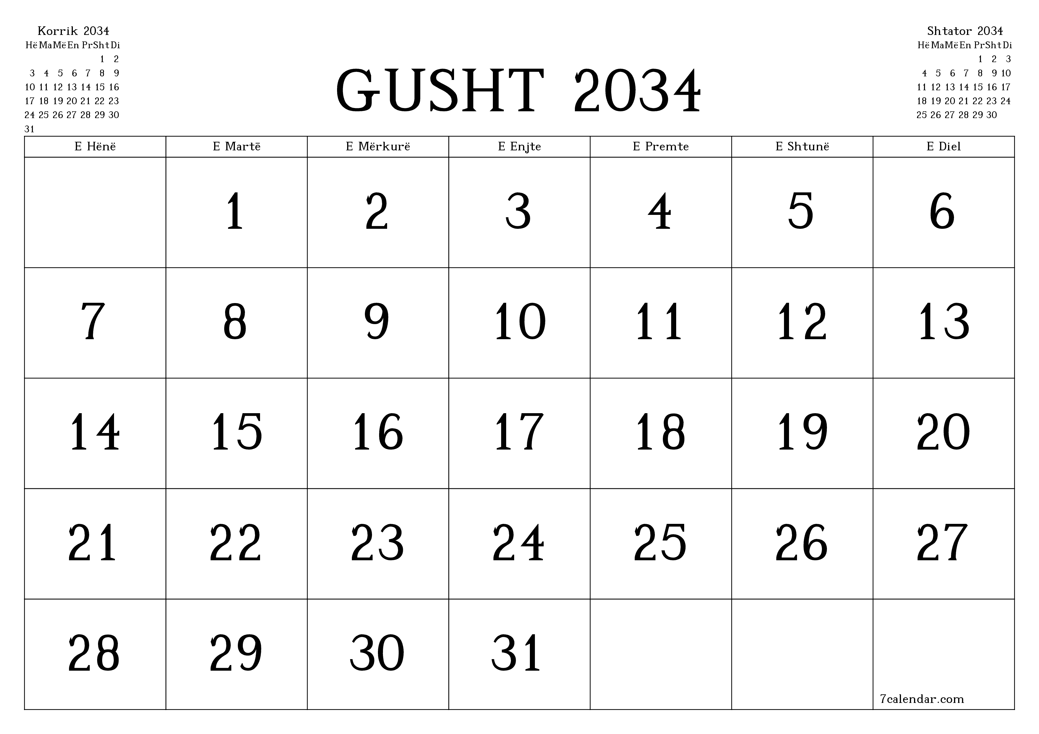 Planifikuesi i zbrazët i kalendarit mujor për muajin Gusht 2034 me shënime të ruajtura dhe të printuara në PDF PNG Albanian