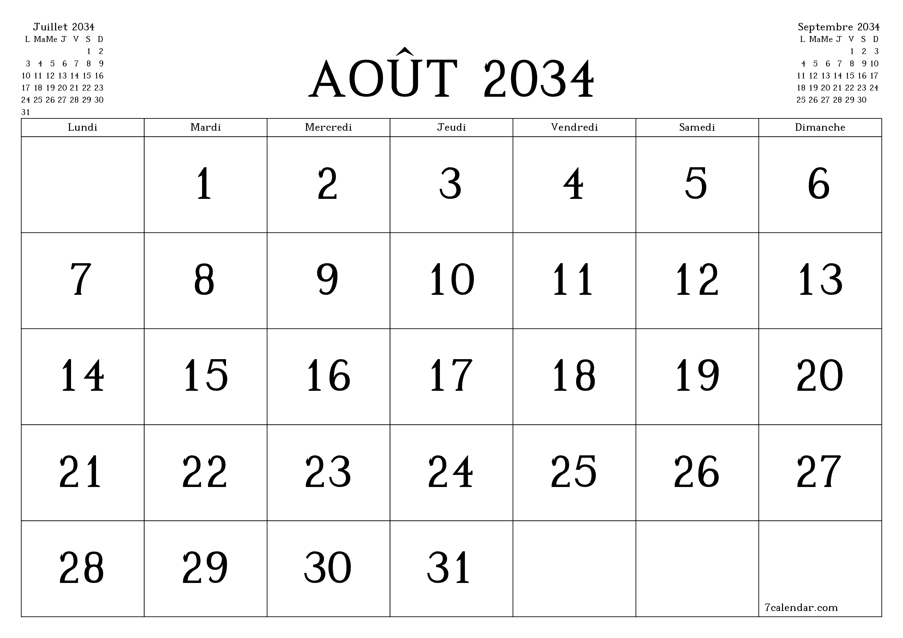 Agenda mensuel vide pour le mois Août 2034 avec notes, enregistrez et imprimez au format PDF PNG French