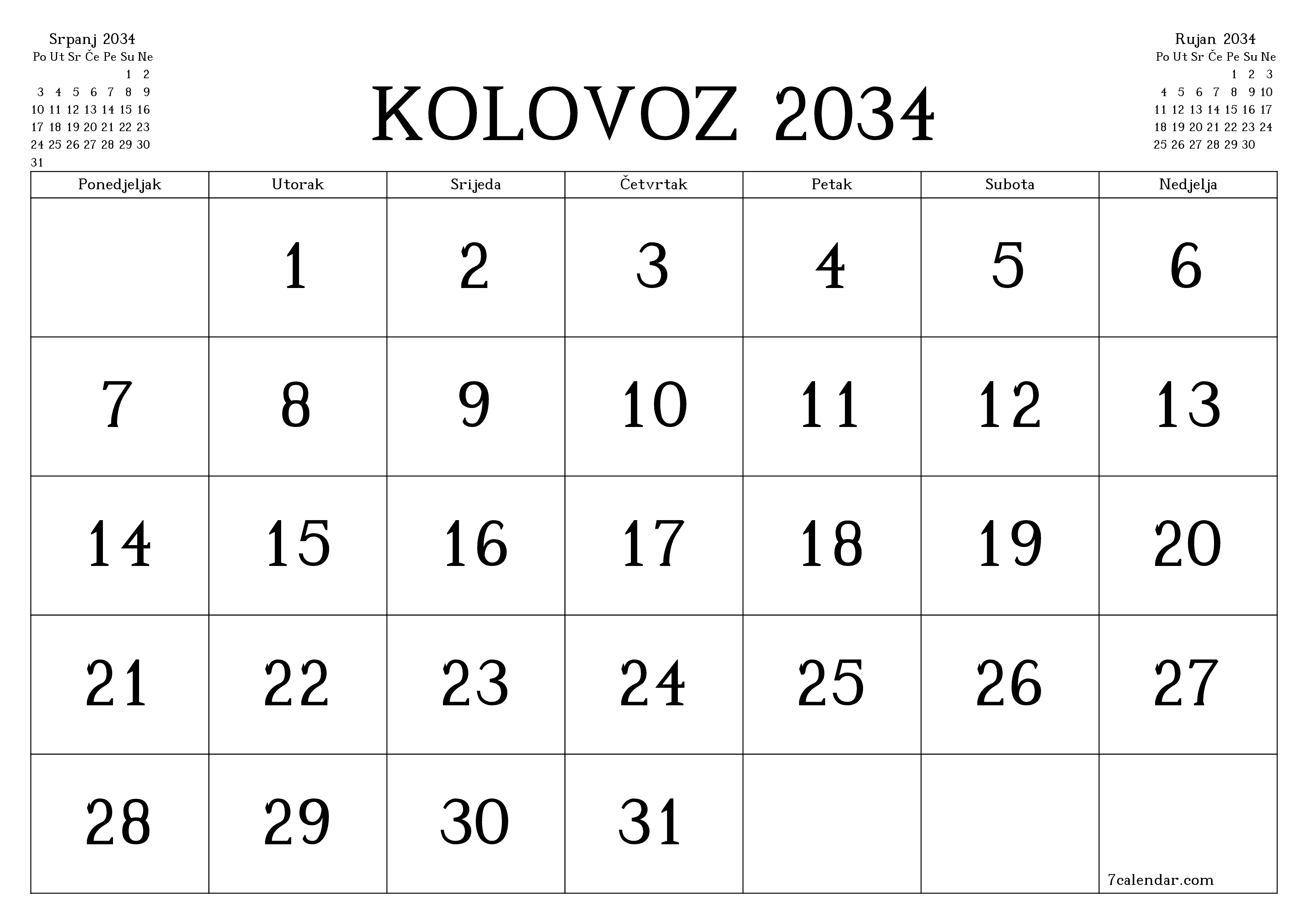 Ispraznite mjesečni planer za mjesec Kolovoz 2034 s bilješkama, spremite i ispišite u PDF PNG Croatian