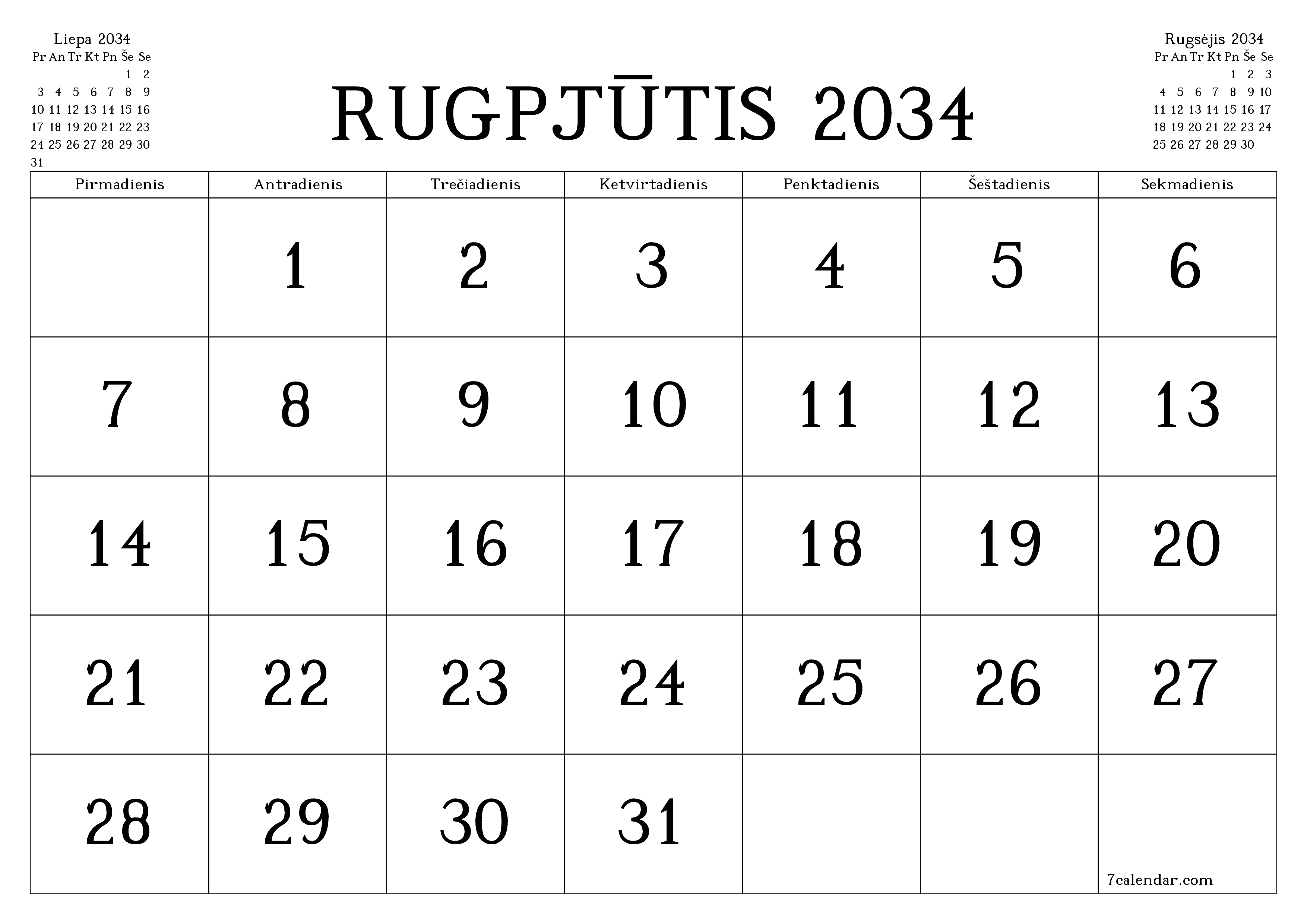 Ištuštinti mėnesio Rugpjūtis 2034 mėnesio planavimo priemonę su užrašais, išsaugoti ir atsispausdinti PDF formate PNG Lithuanian