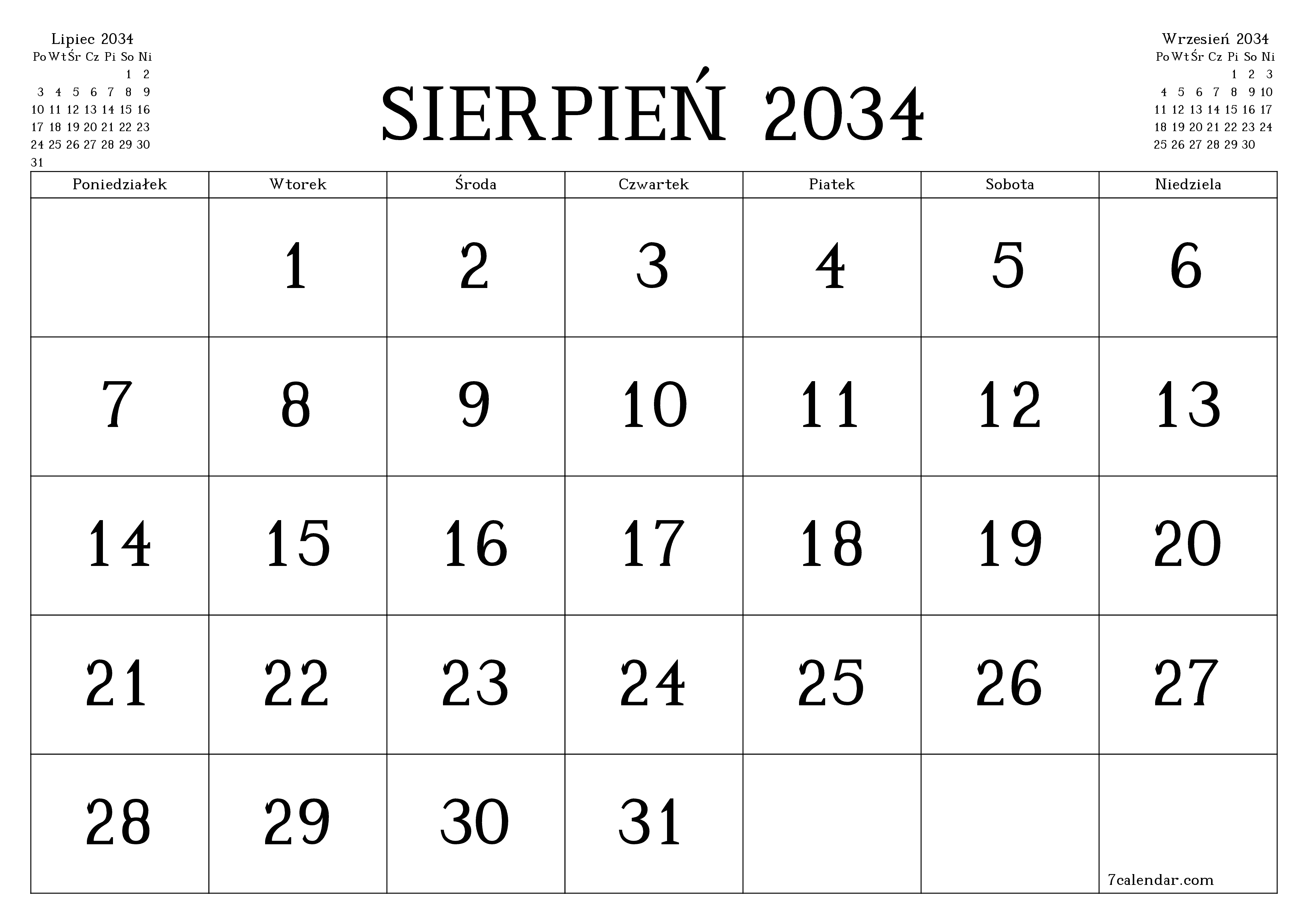 Opróżnij miesięczny planer na miesiąc Sierpień 2034 z notatkami, zapisz i wydrukuj w formacie PDF PNG Polish