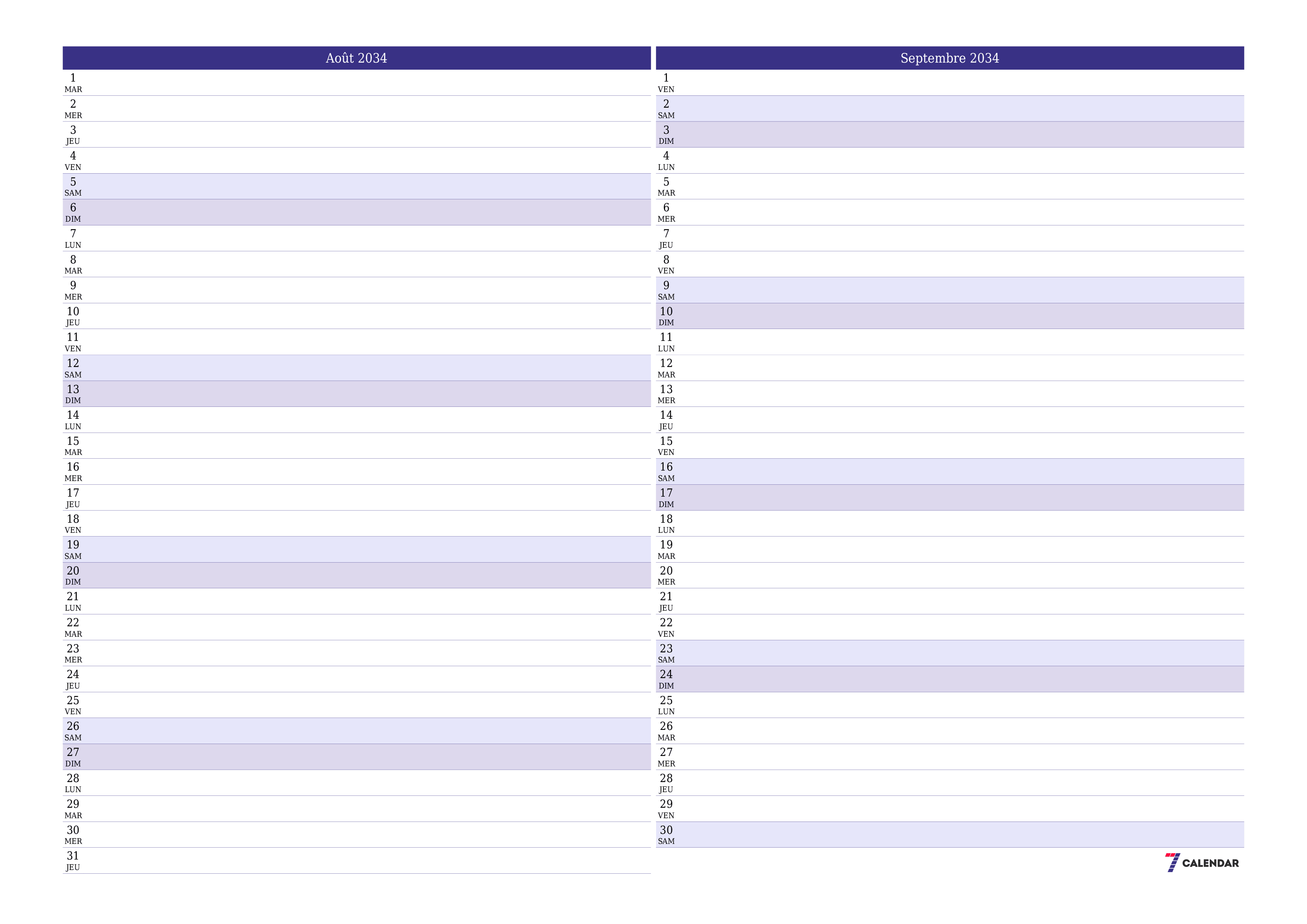 Agenda mensuel vide pour le mois Août 2034 avec notes, enregistrez et imprimez au format PDF PNG French