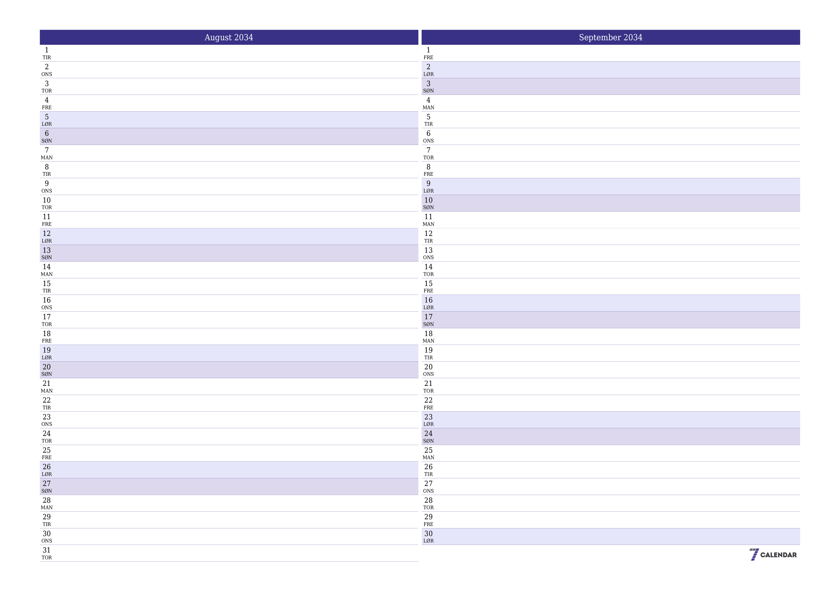 Tom månedlig planlegger for måned August 2034 med notater, lagre og skriv ut til PDF PNG Norwegian