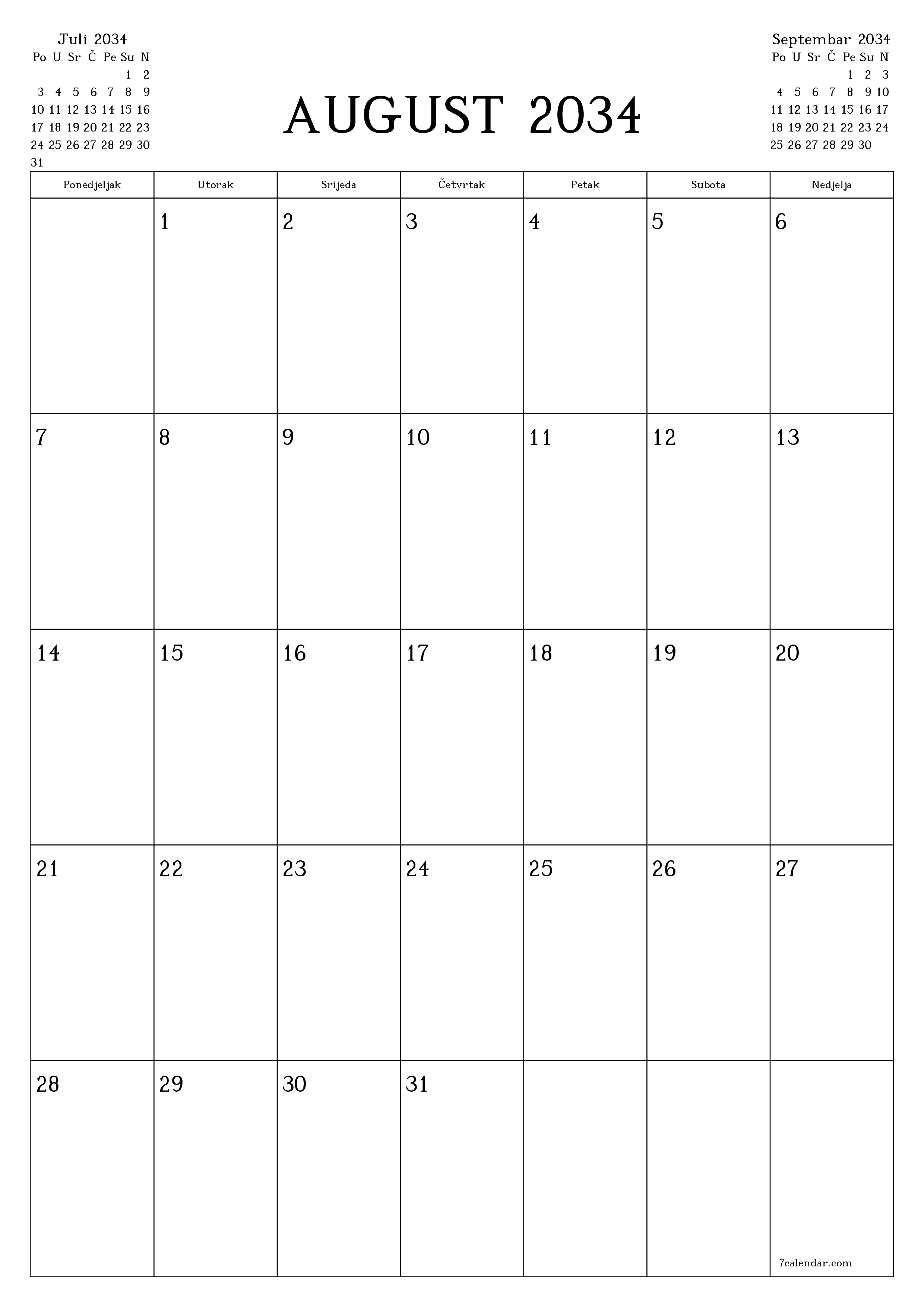 Ispraznite mjesečni planer za mjesec August 2034 s bilješkama, spremite i ispišite u PDF PNG Bosnian