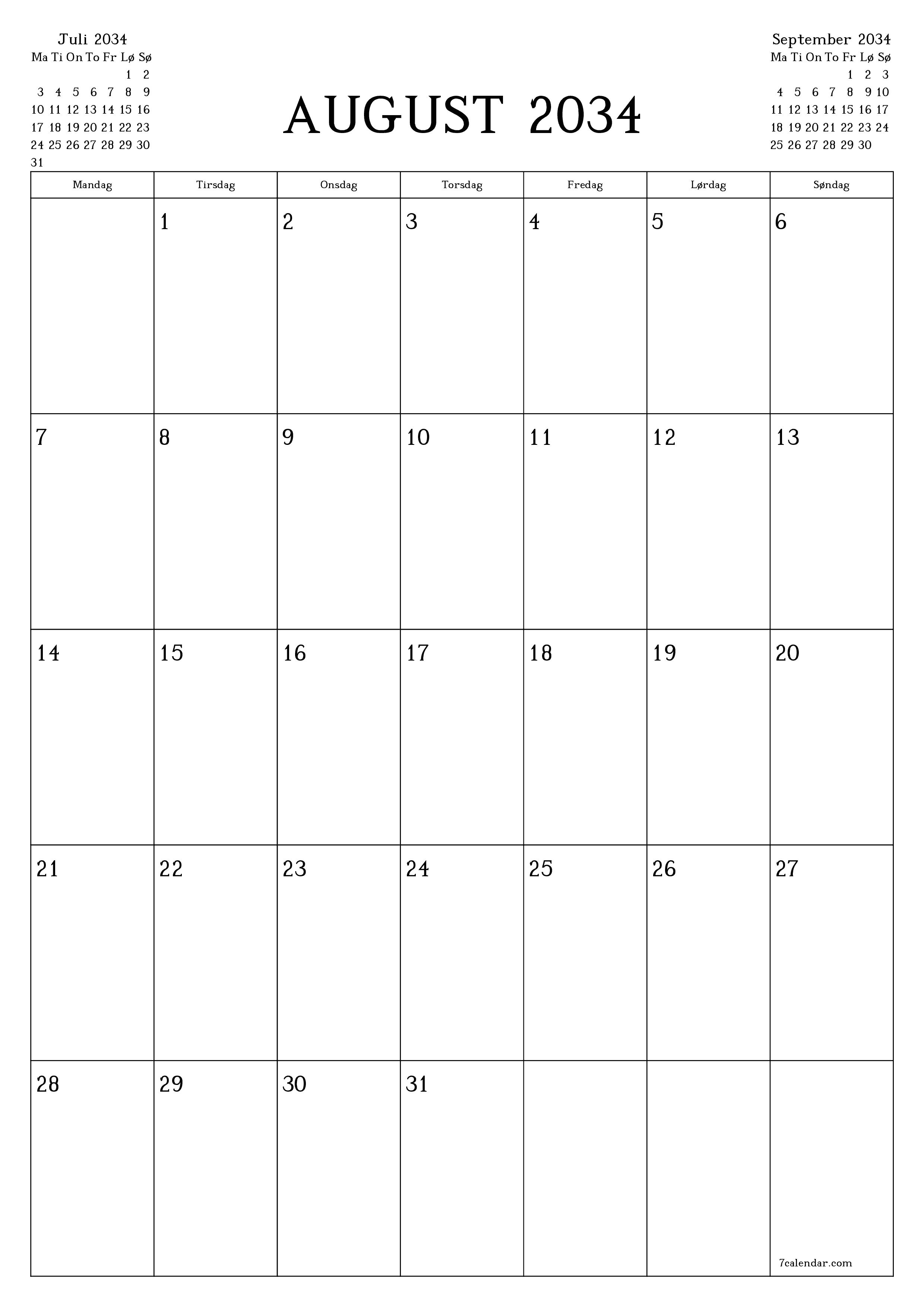 udskrivbar væg skabelon gratis lodret Månedlig planlægger kalender August (Aug) 2034