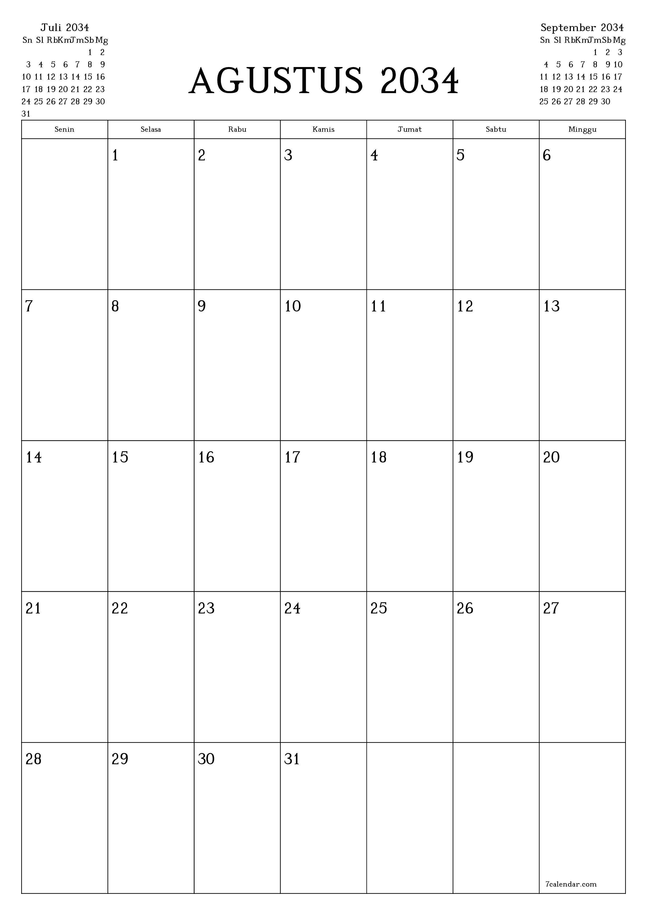  yang dapat dicetak dinding templat gratisvertikal Bulanan perencana kalender Agustus (Agt) 2034