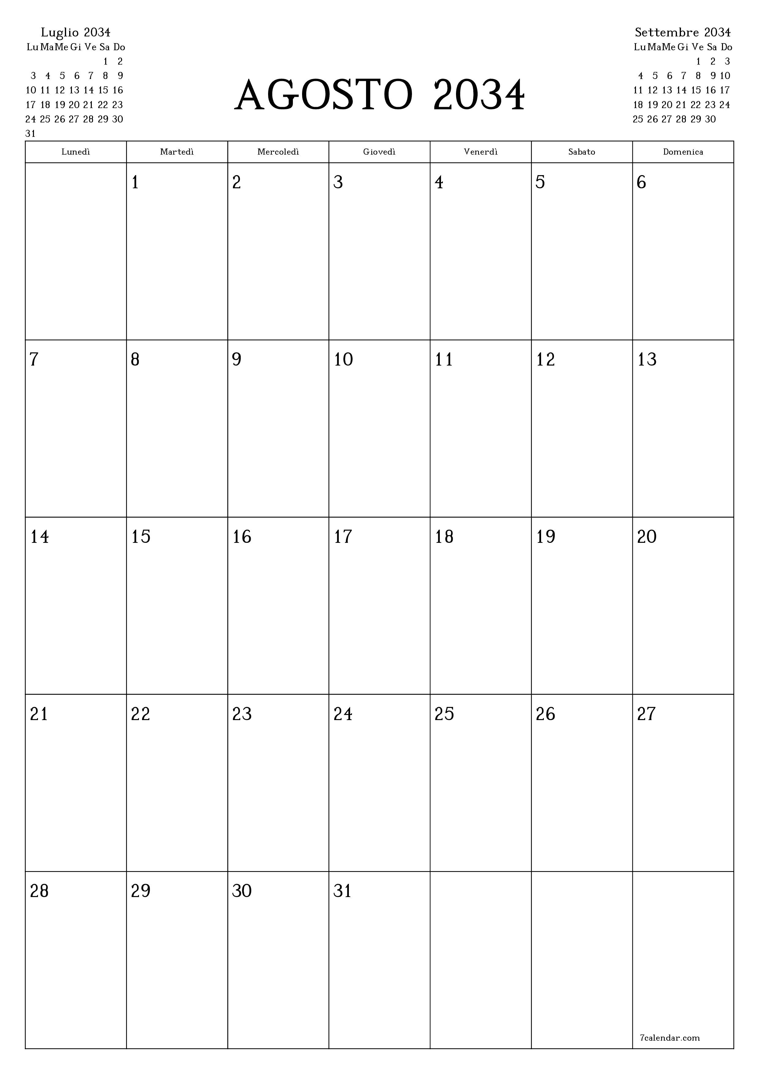 Pianificatore mensile vuoto per il mese Agosto 2034 con note, salva e stampa in PDF PNG Italian