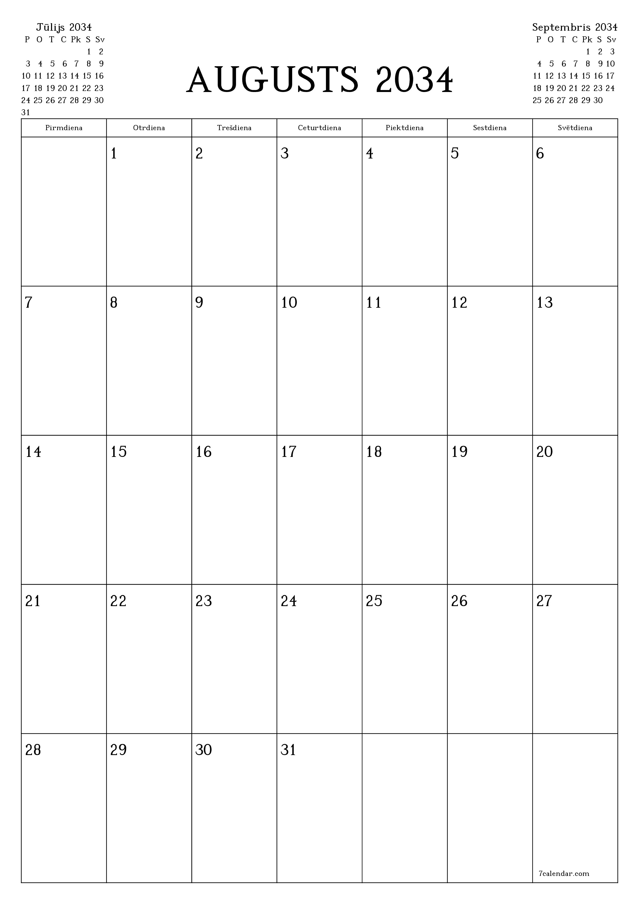 izdrukājams sienas kalendāra veidne bezmaksas vertikāli Mēneša plānotājs kalendārs Augusts (Aug) 2034