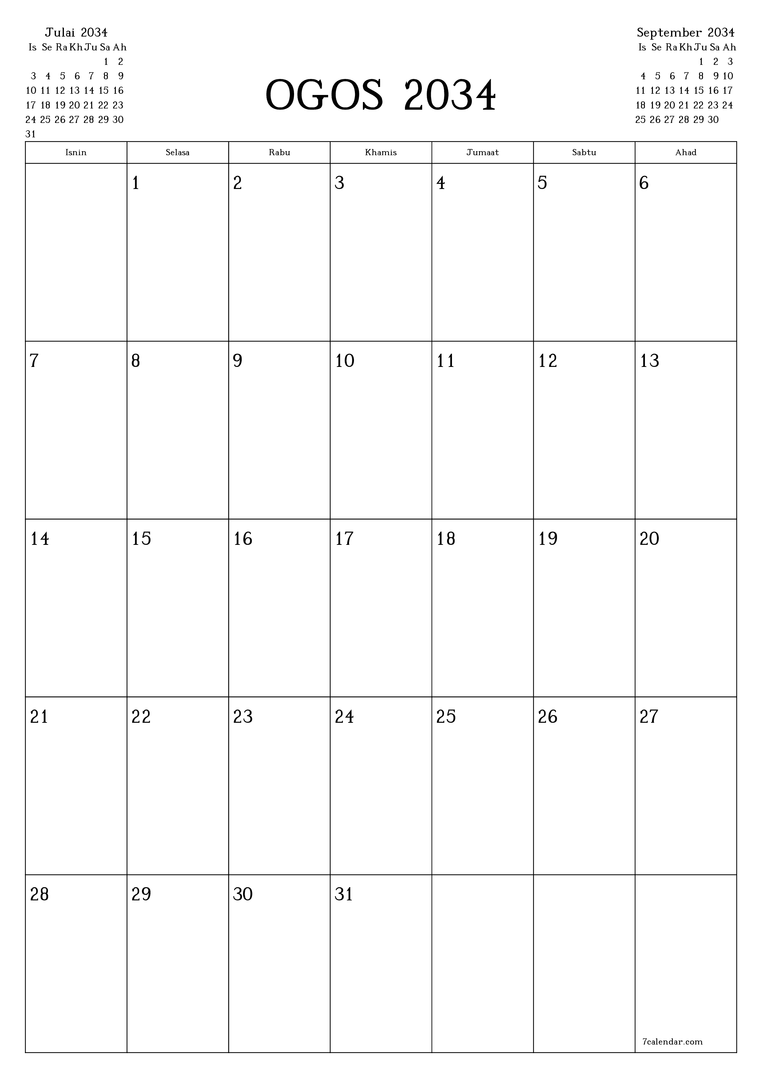  boleh cetak dinding templat percumamenegak Bulanan perancang kalendar Ogos (Ogo) 2034