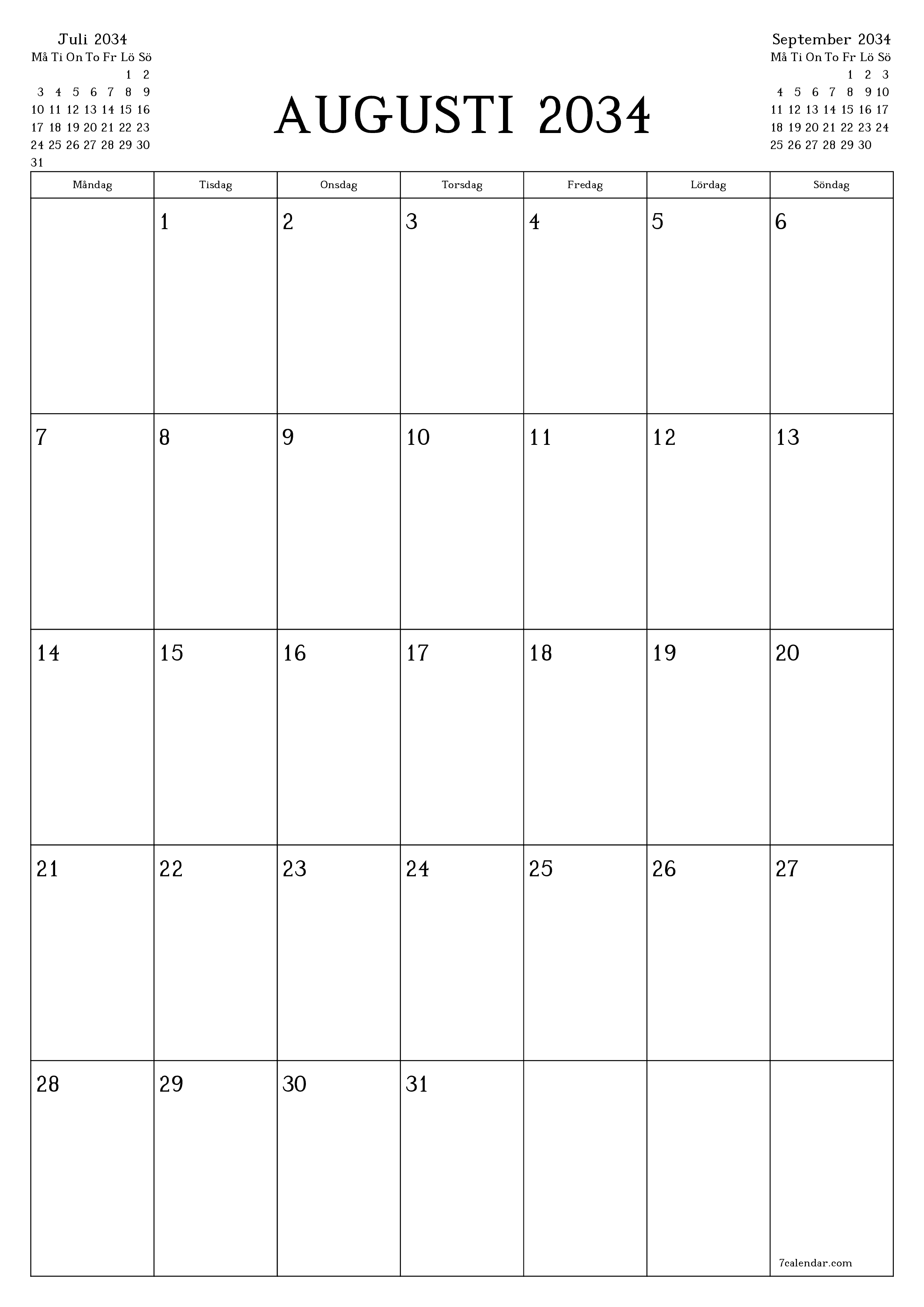 utskrivbar vägg mall gratis vertikal Månatlig planerare kalender Augusti (Aug) 2034