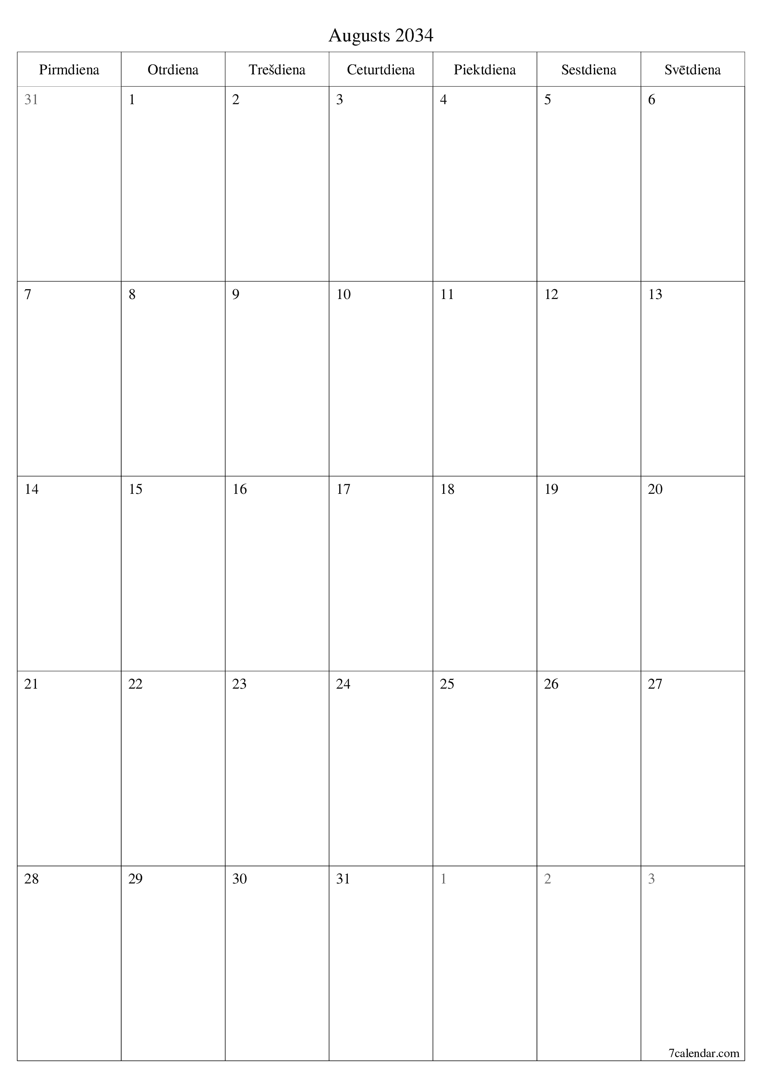 izdrukājams sienas kalendāra veidne bezmaksas vertikāli Mēneša plānotājs kalendārs Augusts (Aug) 2034